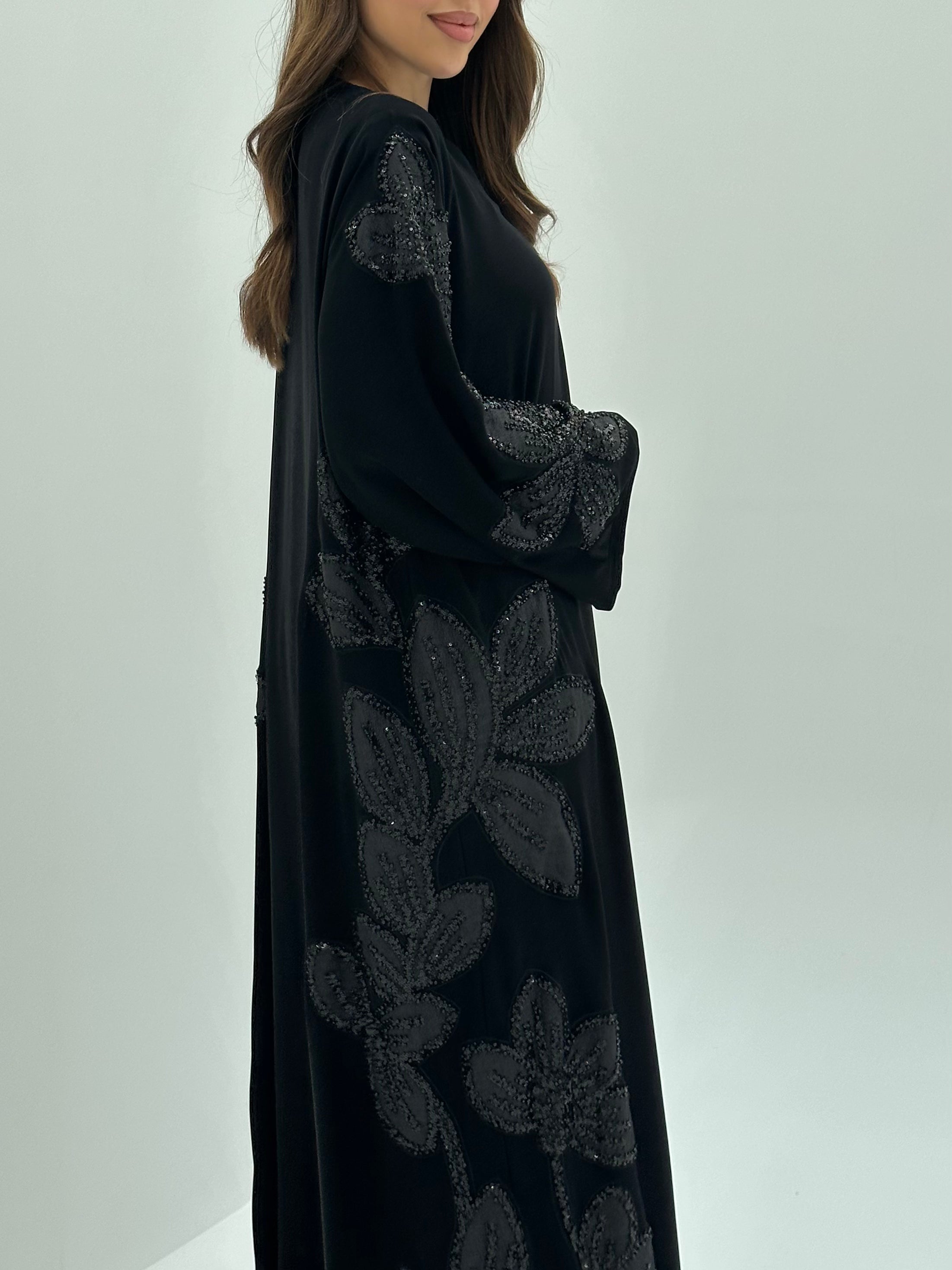 C 1802 Black Floral Beaded Abaya