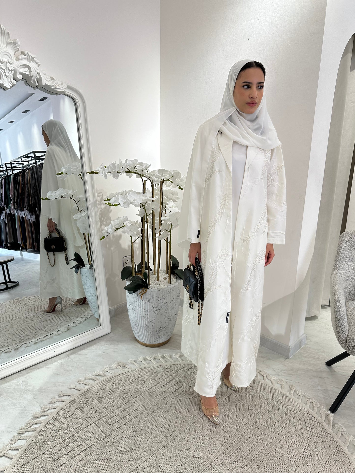 C White Feather Jacquard Eid Abaya