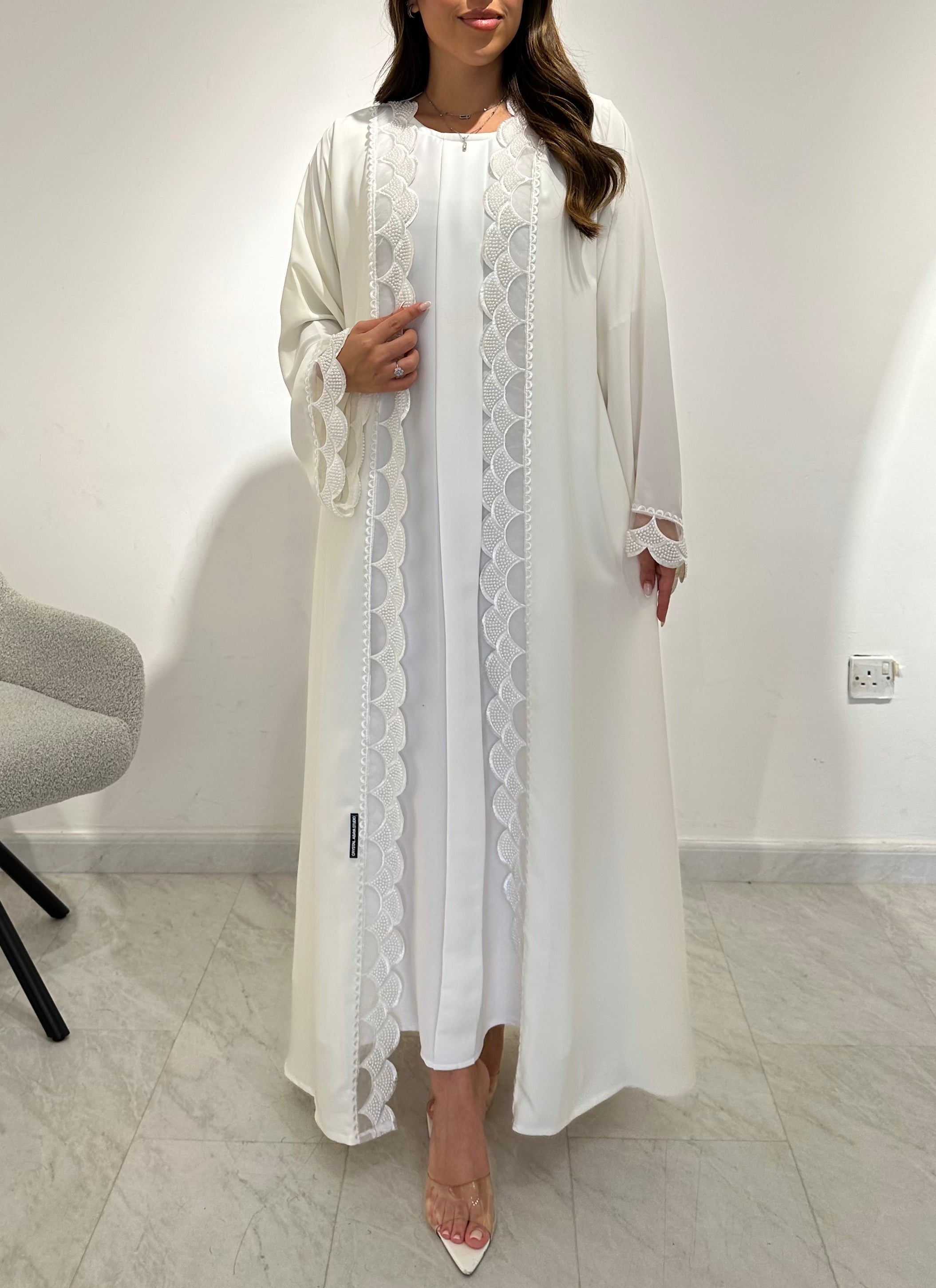 C 1555 White Beaded Lace Abaya