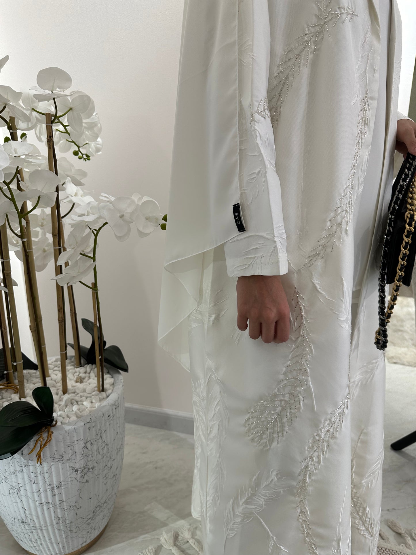 C White Feather Jacquard Eid Abaya