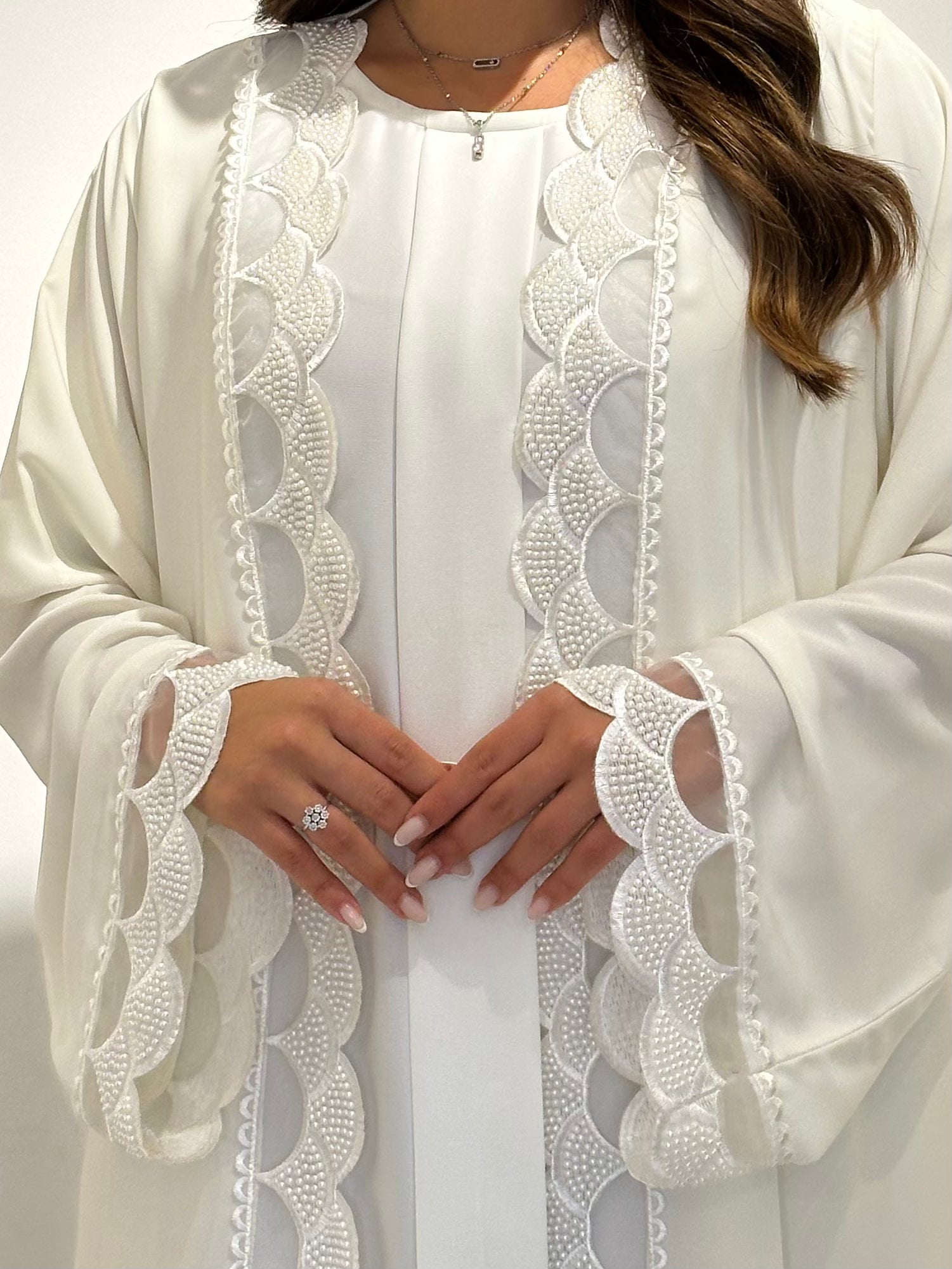 C 1555 White Beaded Lace Abaya