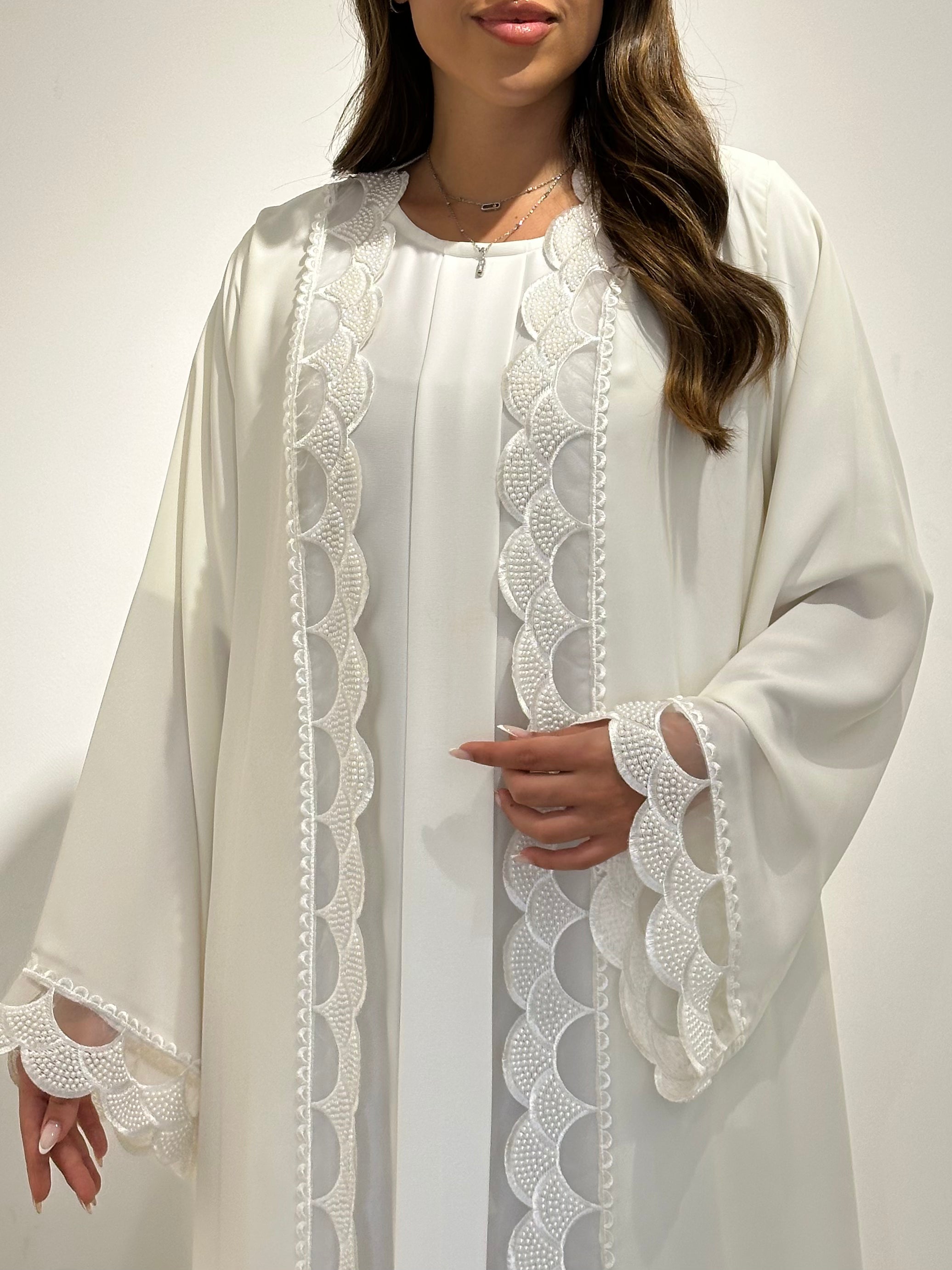 C 1555 White Beaded Lace Abaya