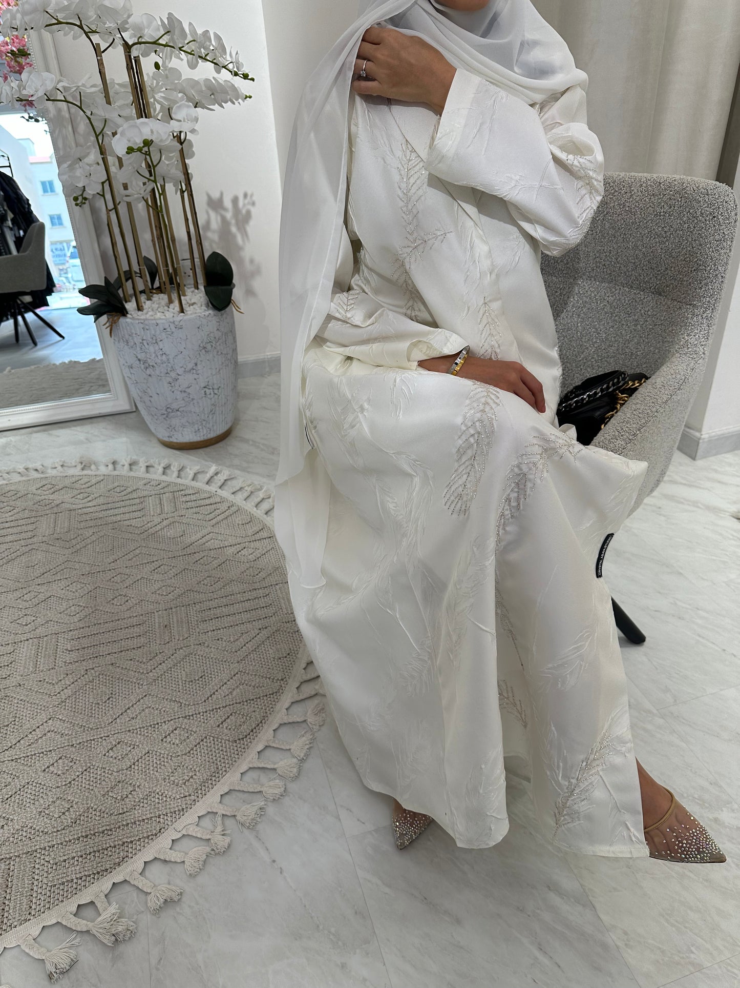 C White Feather Jacquard Eid Abaya