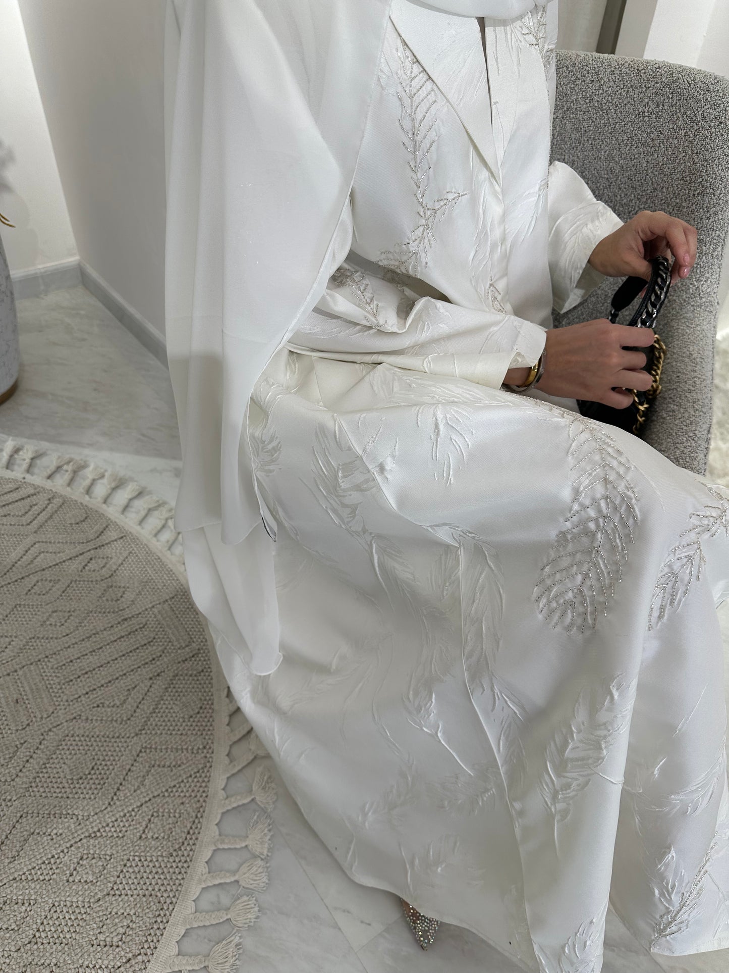 C White Feather Jacquard Eid Abaya