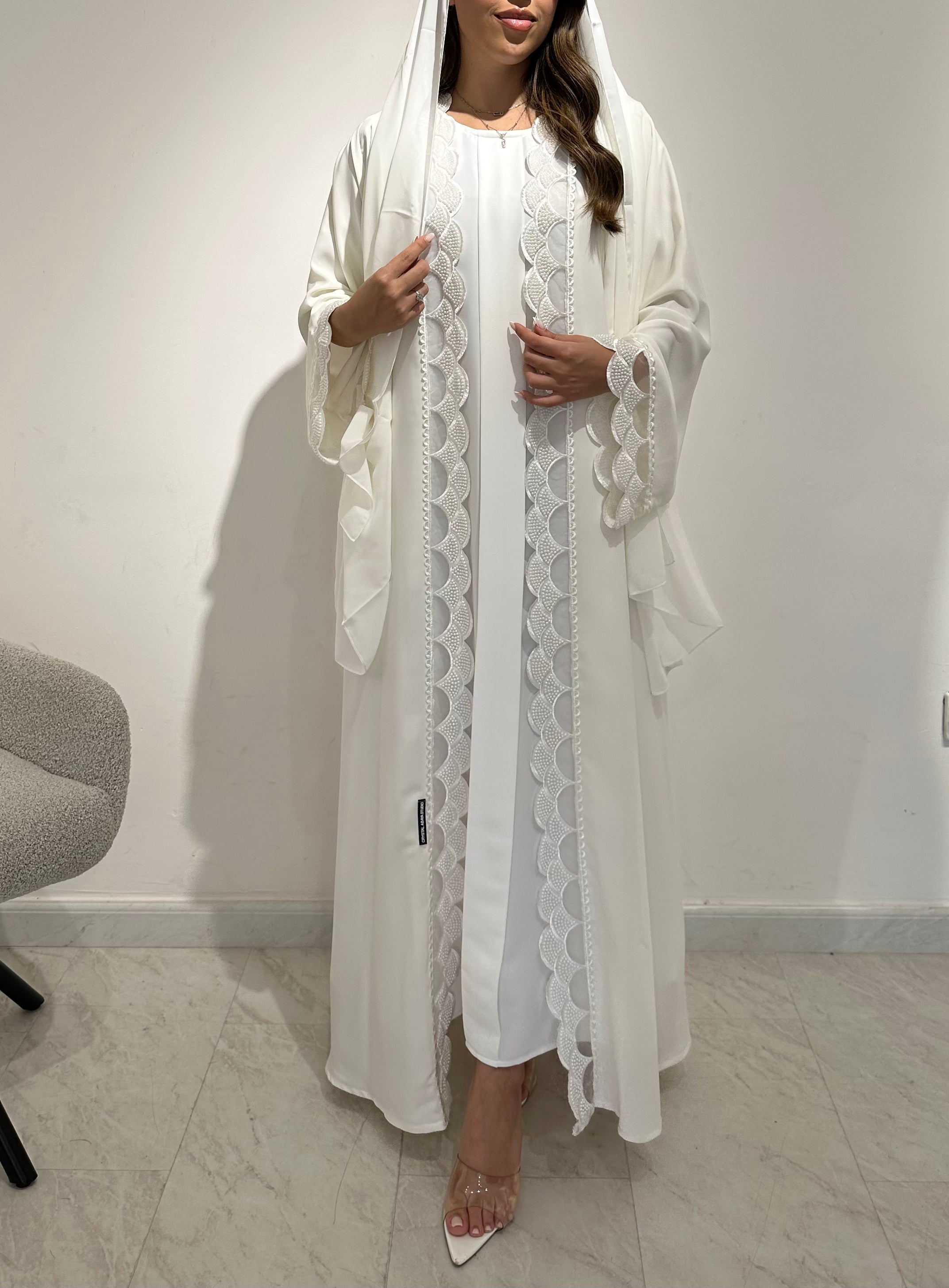 C 1555 White Beaded Lace Abaya