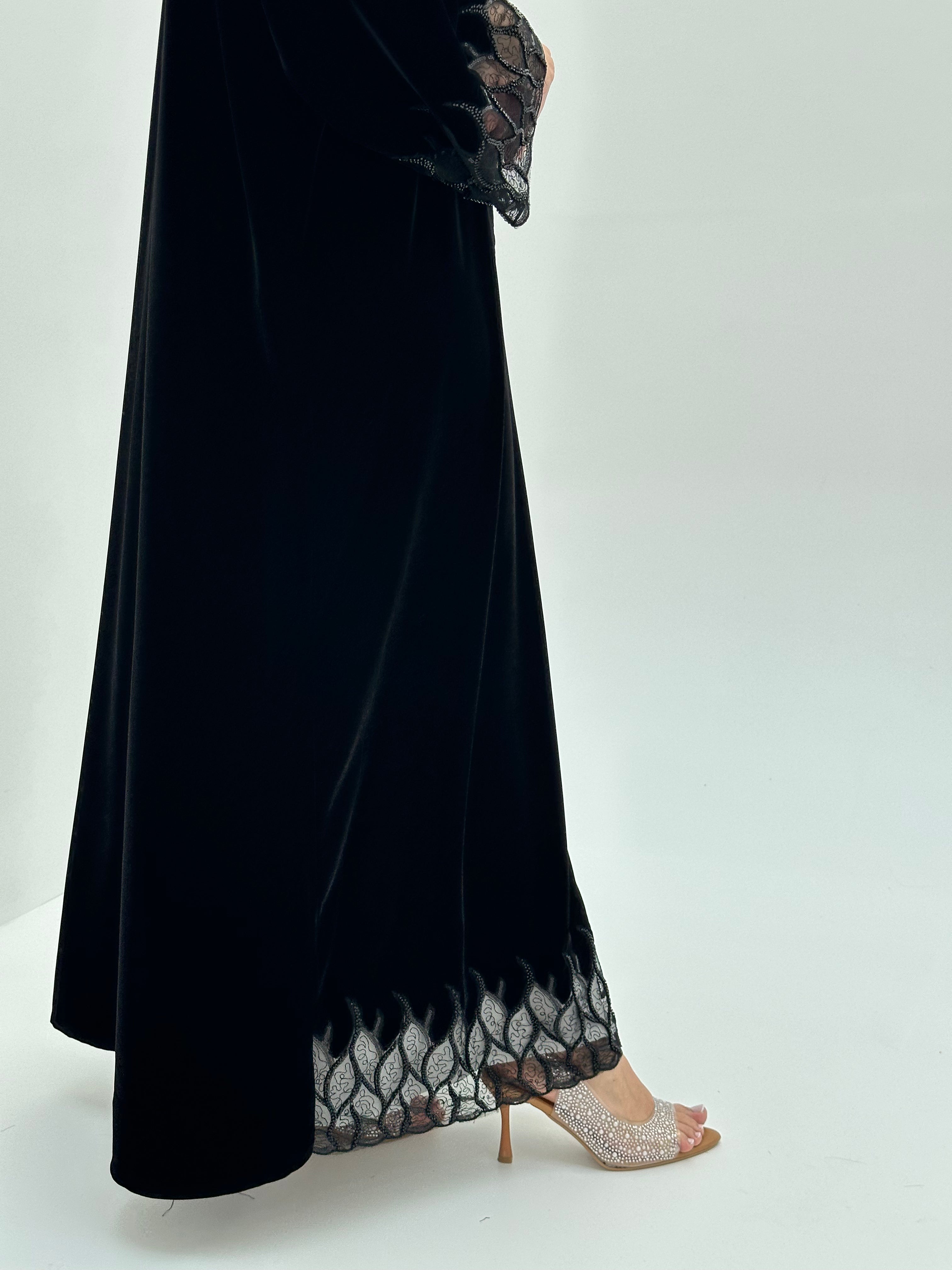 C 1805 Black Velvet Beaded Abaya