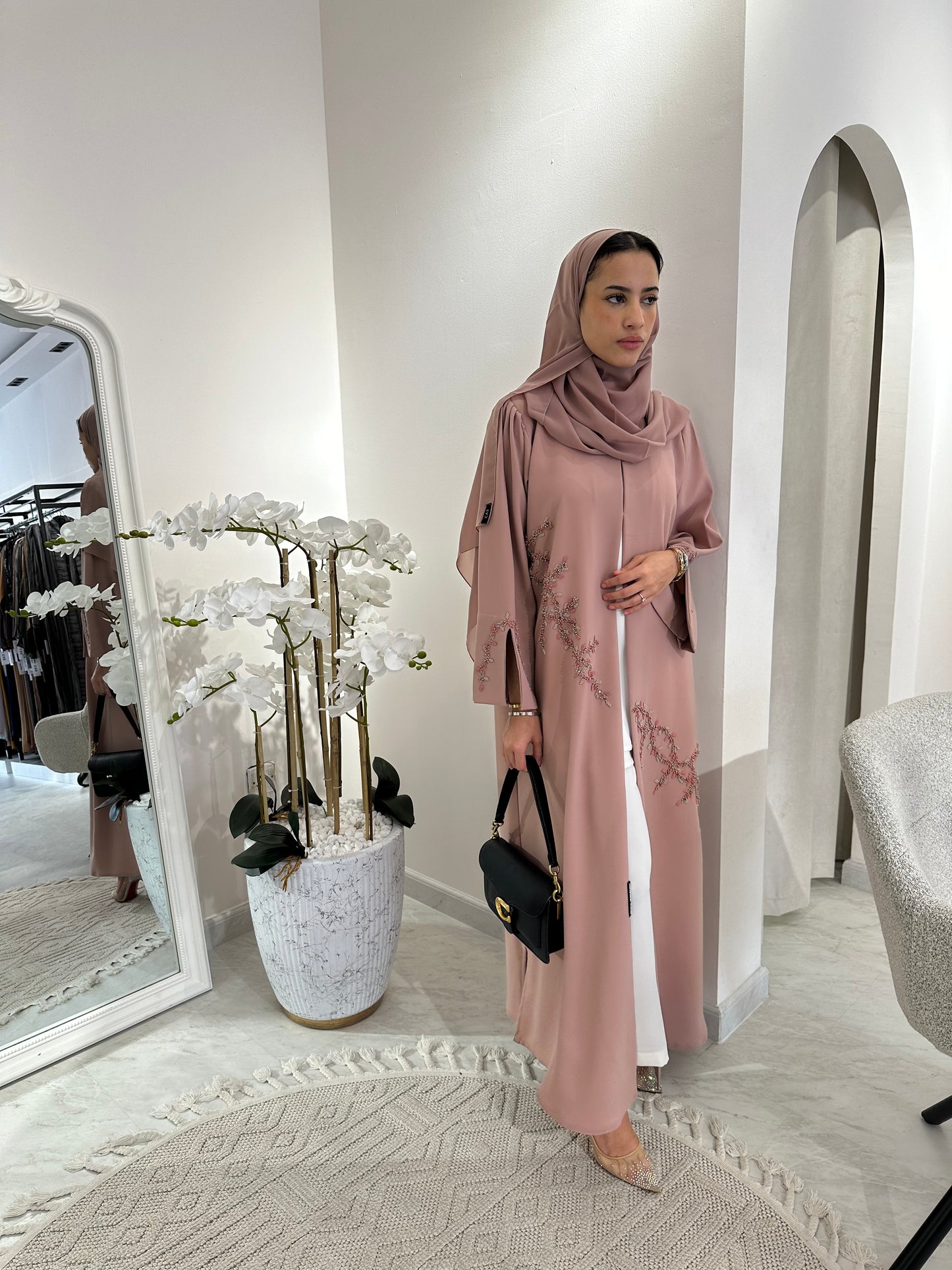 C Pink Silver Beaded Eid Abaya