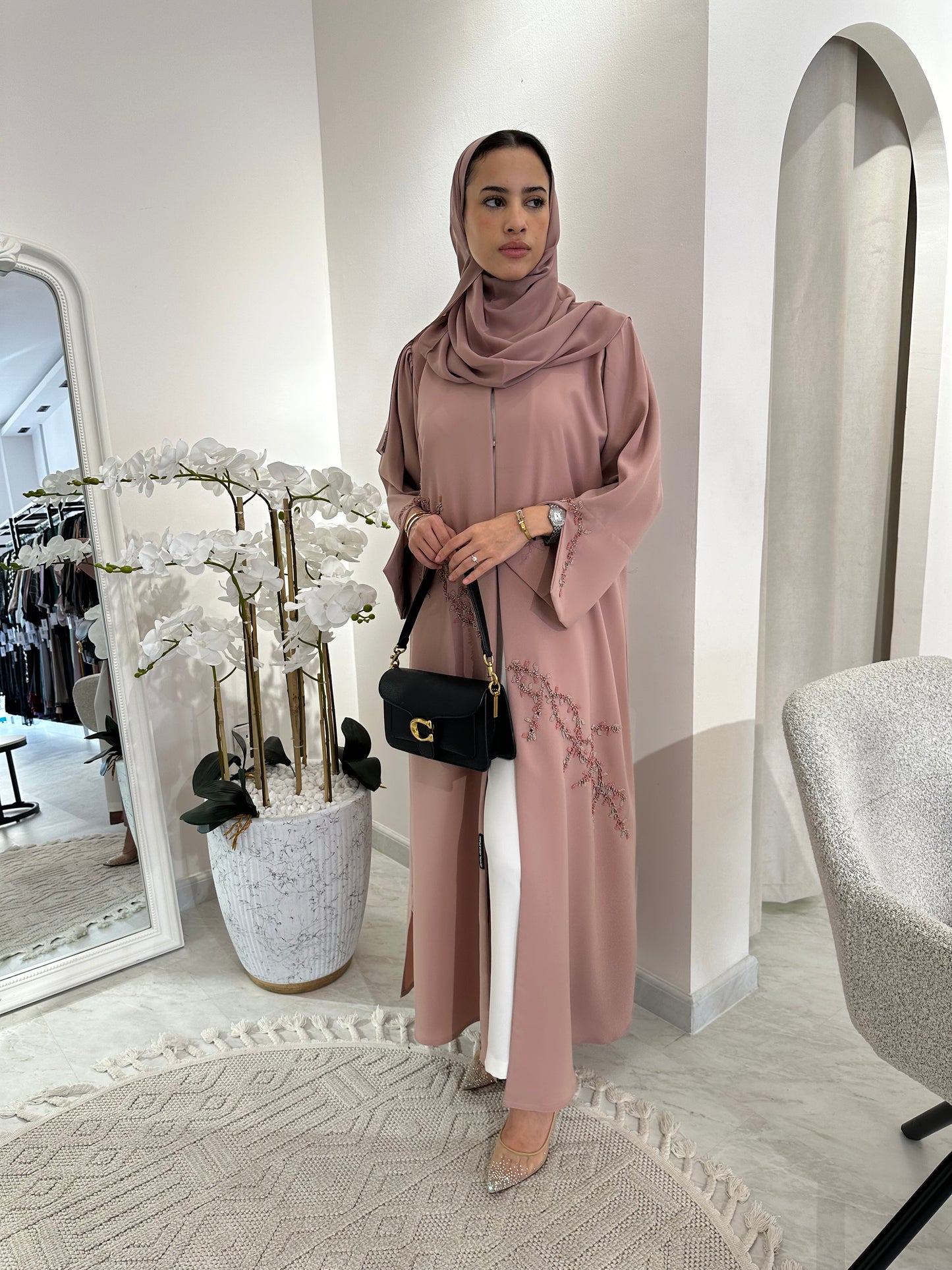 C Pink Silver Beaded Eid Abaya