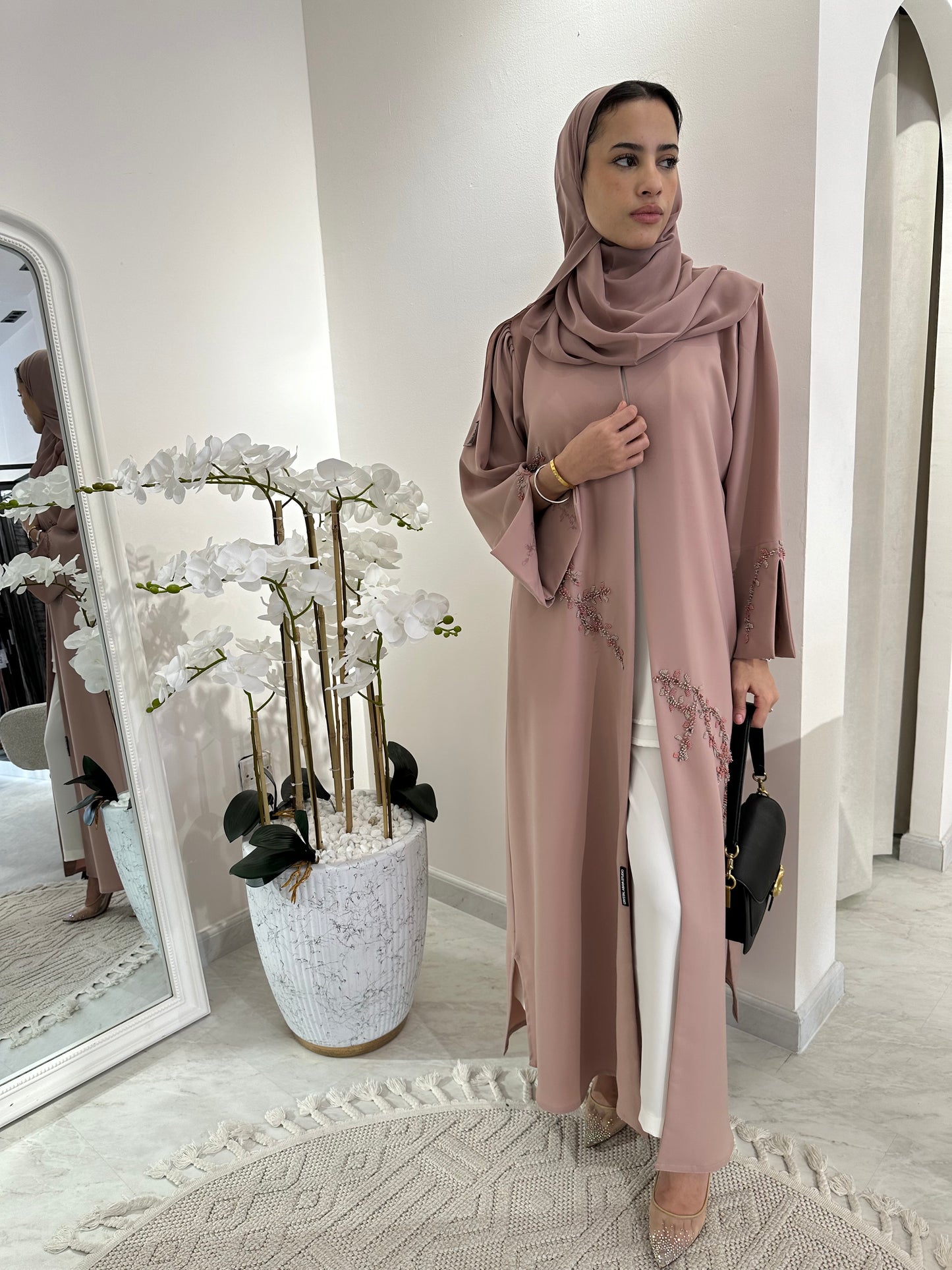 C Pink Silver Beaded Eid Abaya