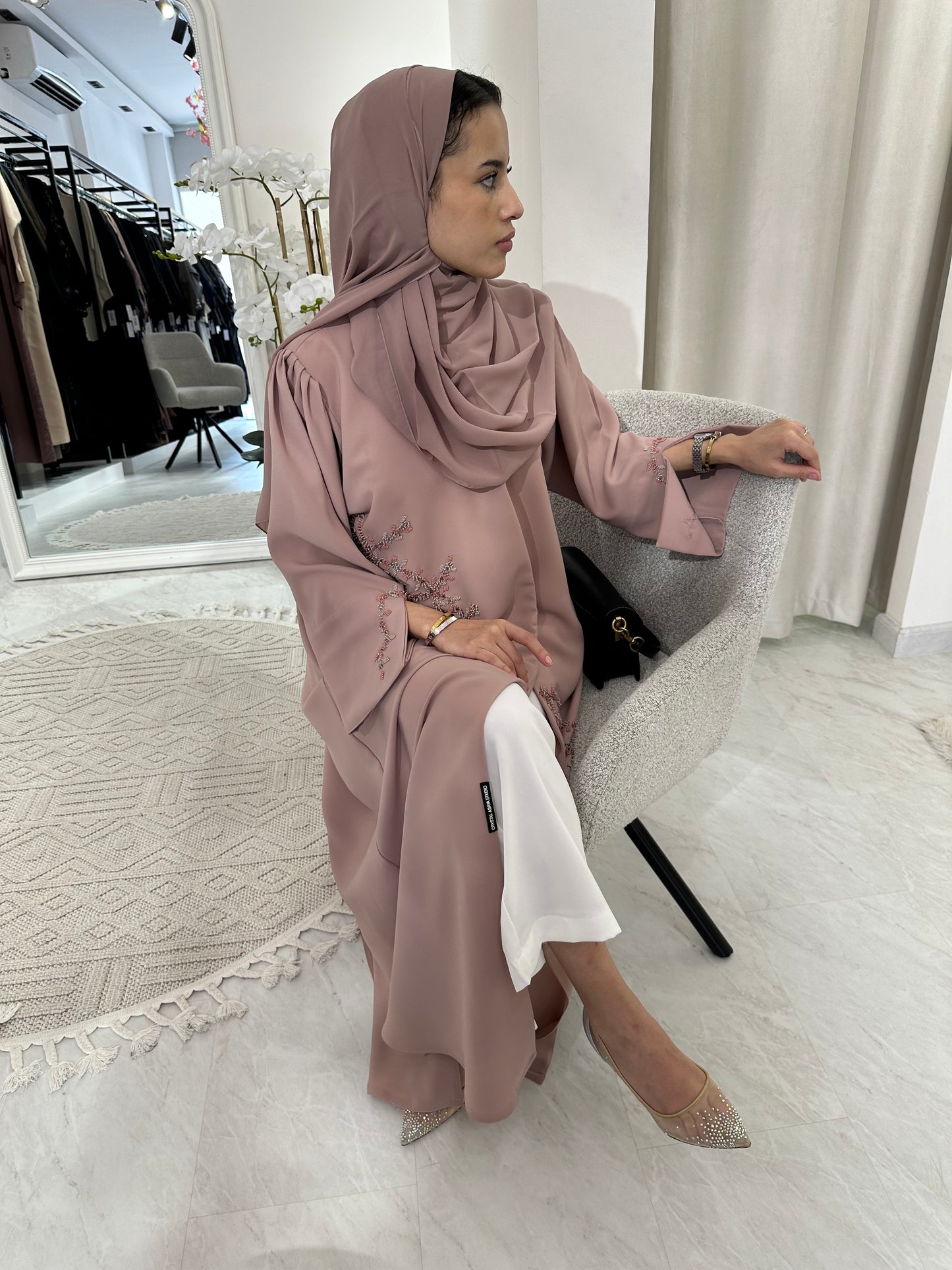 C Pink Silver Beaded Eid Abaya