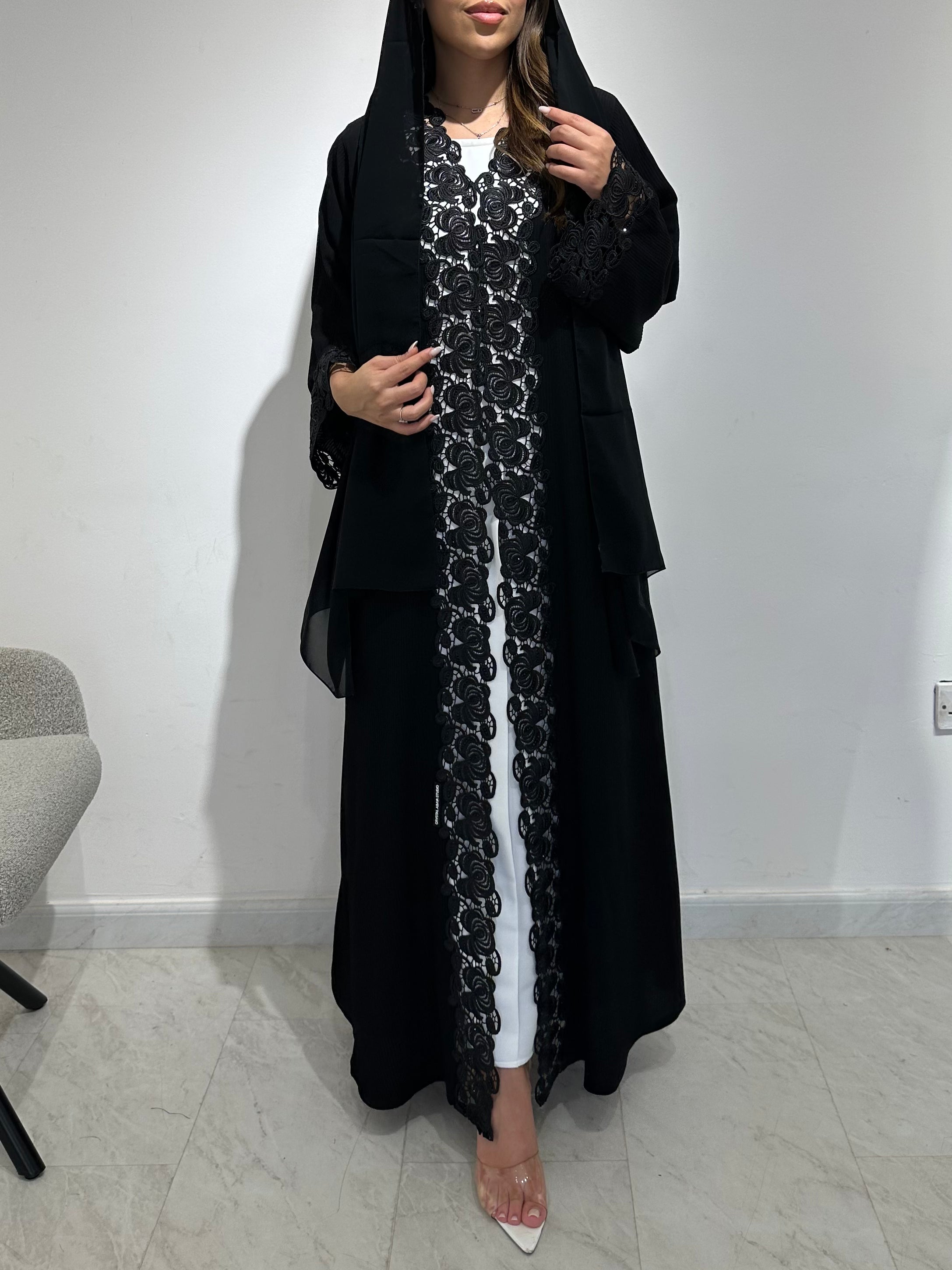 C 1565 Black Crystal Lace Abaya
