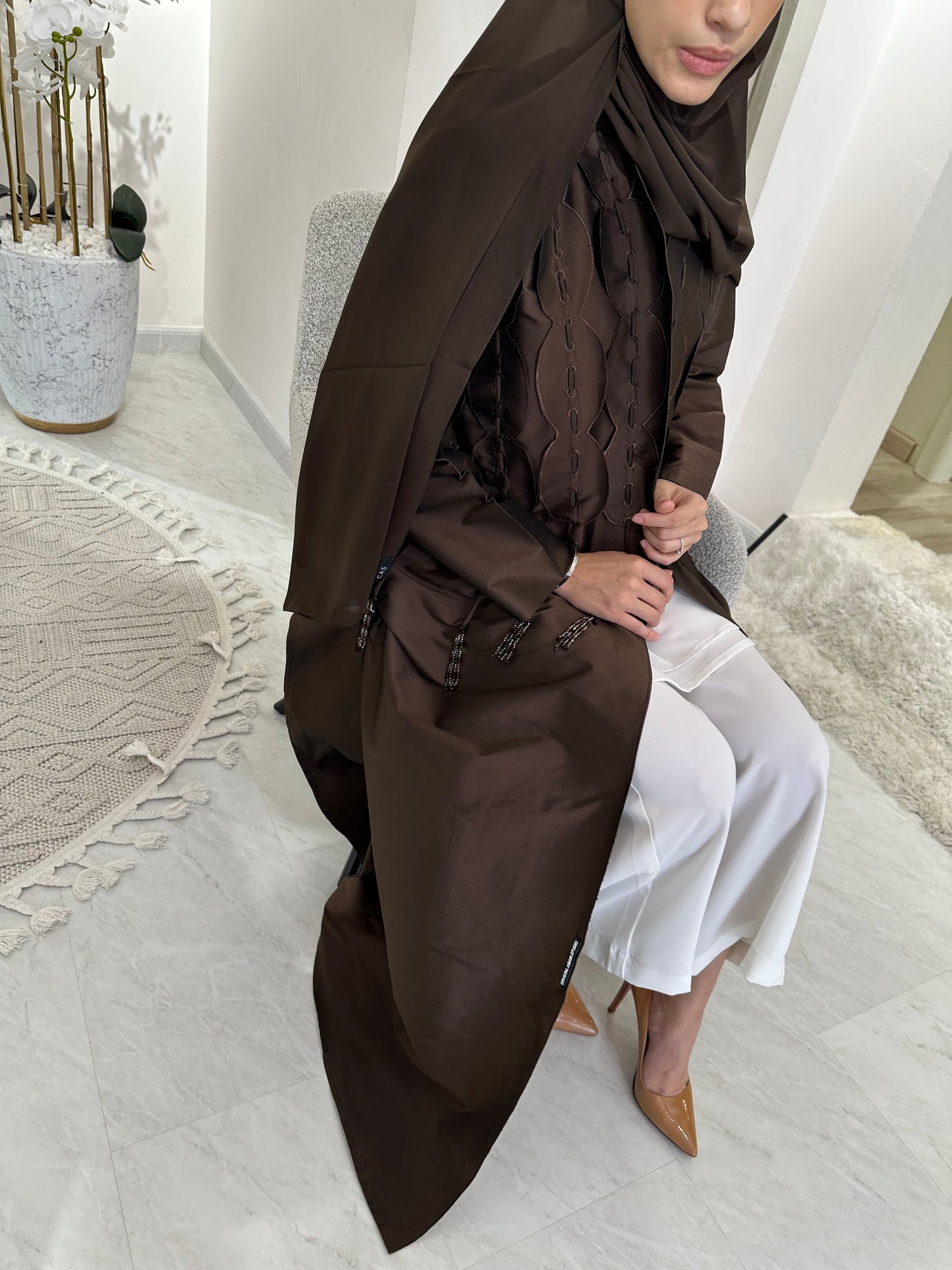 C RTW Brown Tafetta Tassel Eid Abaya