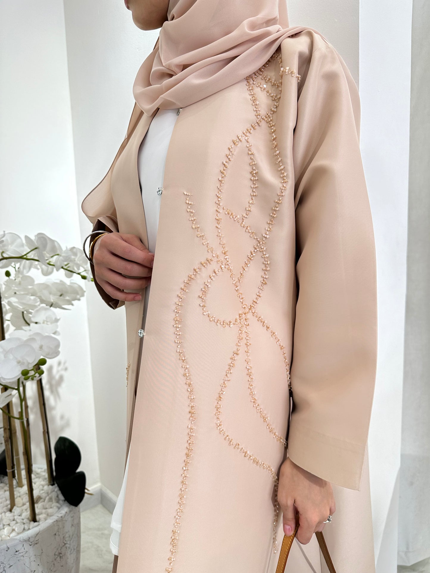 C Cream Satin Beaded Eid Abaya