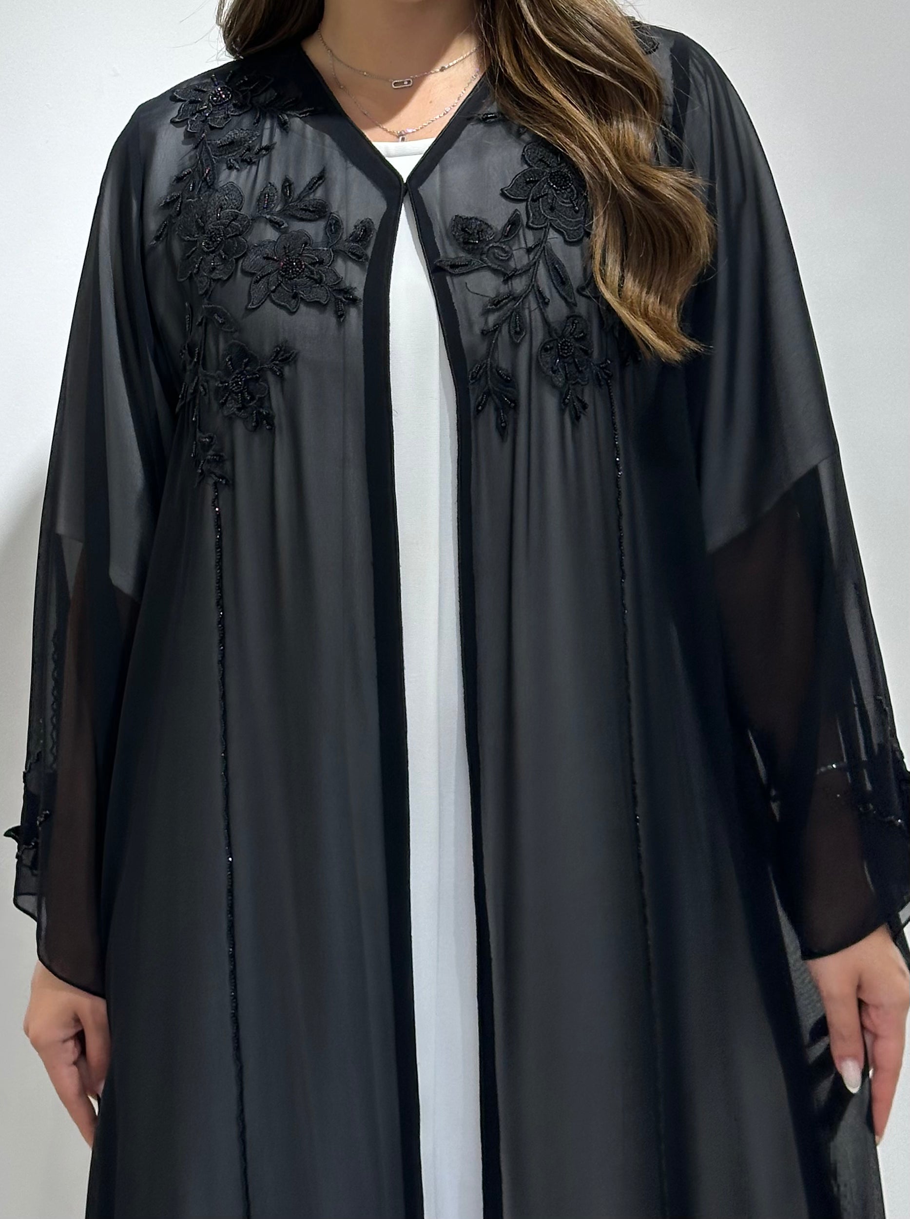 C 1574 Black Chiffon Beaded Abaya
