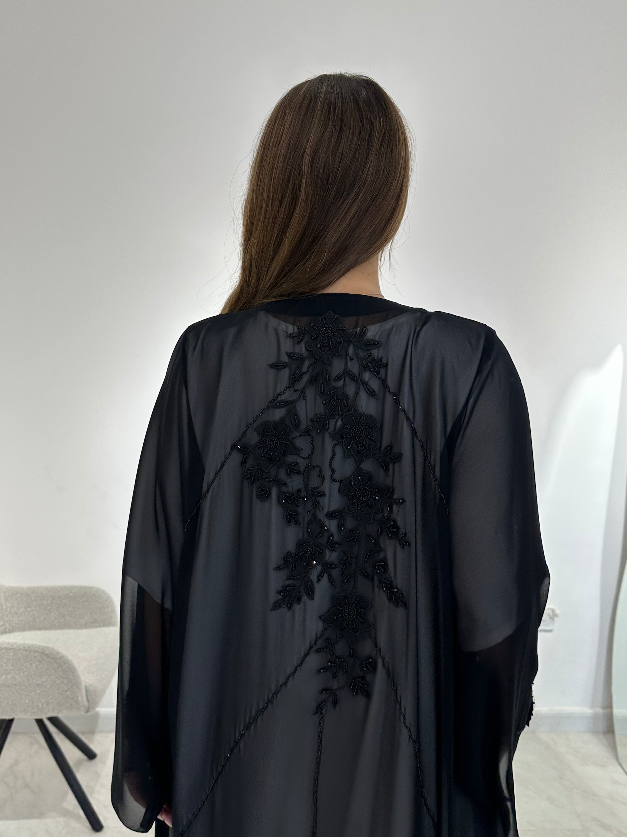 C 1574 Black Chiffon Beaded Abaya