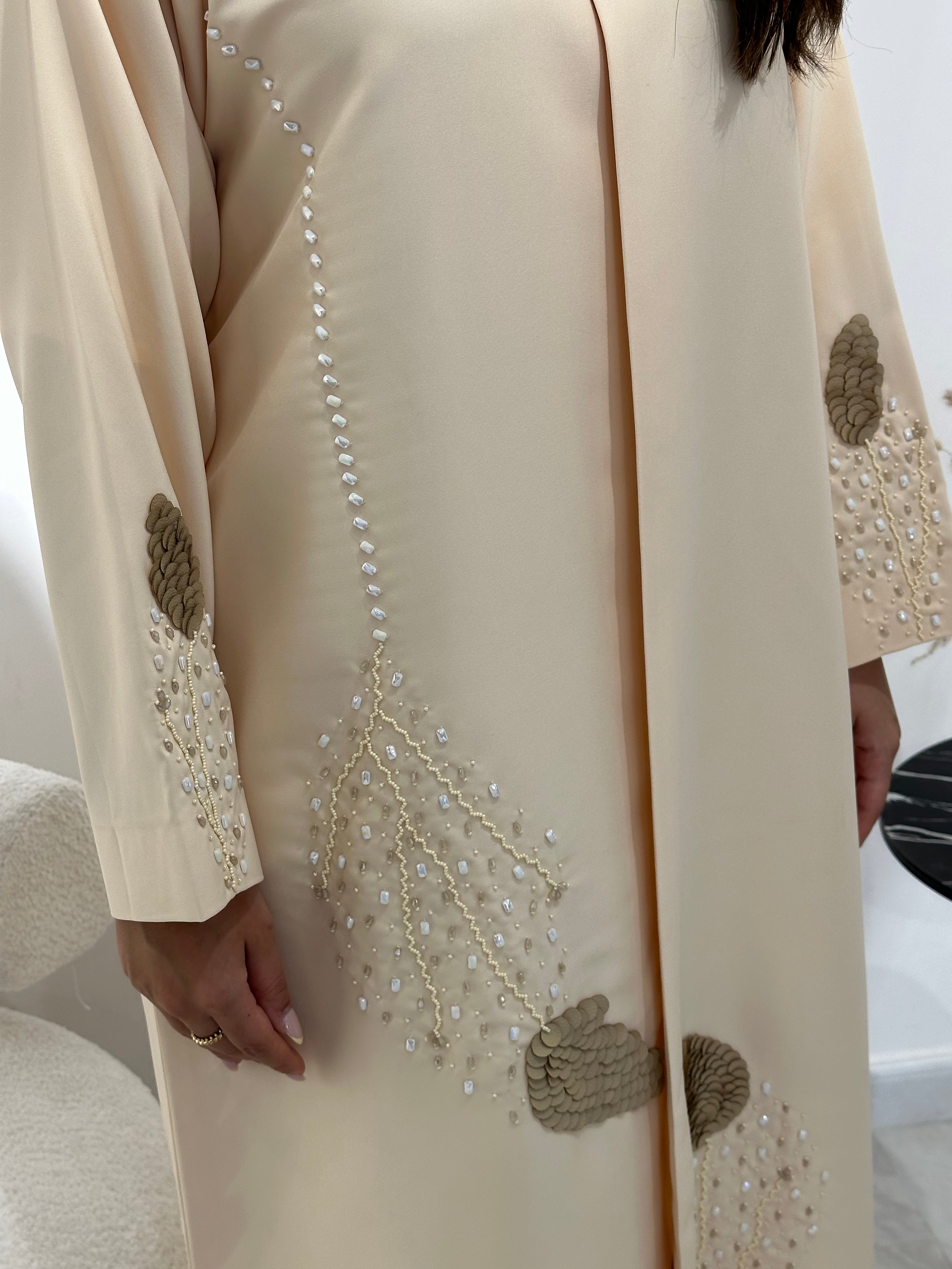C 1342 Dark Cream Beaded Abaya