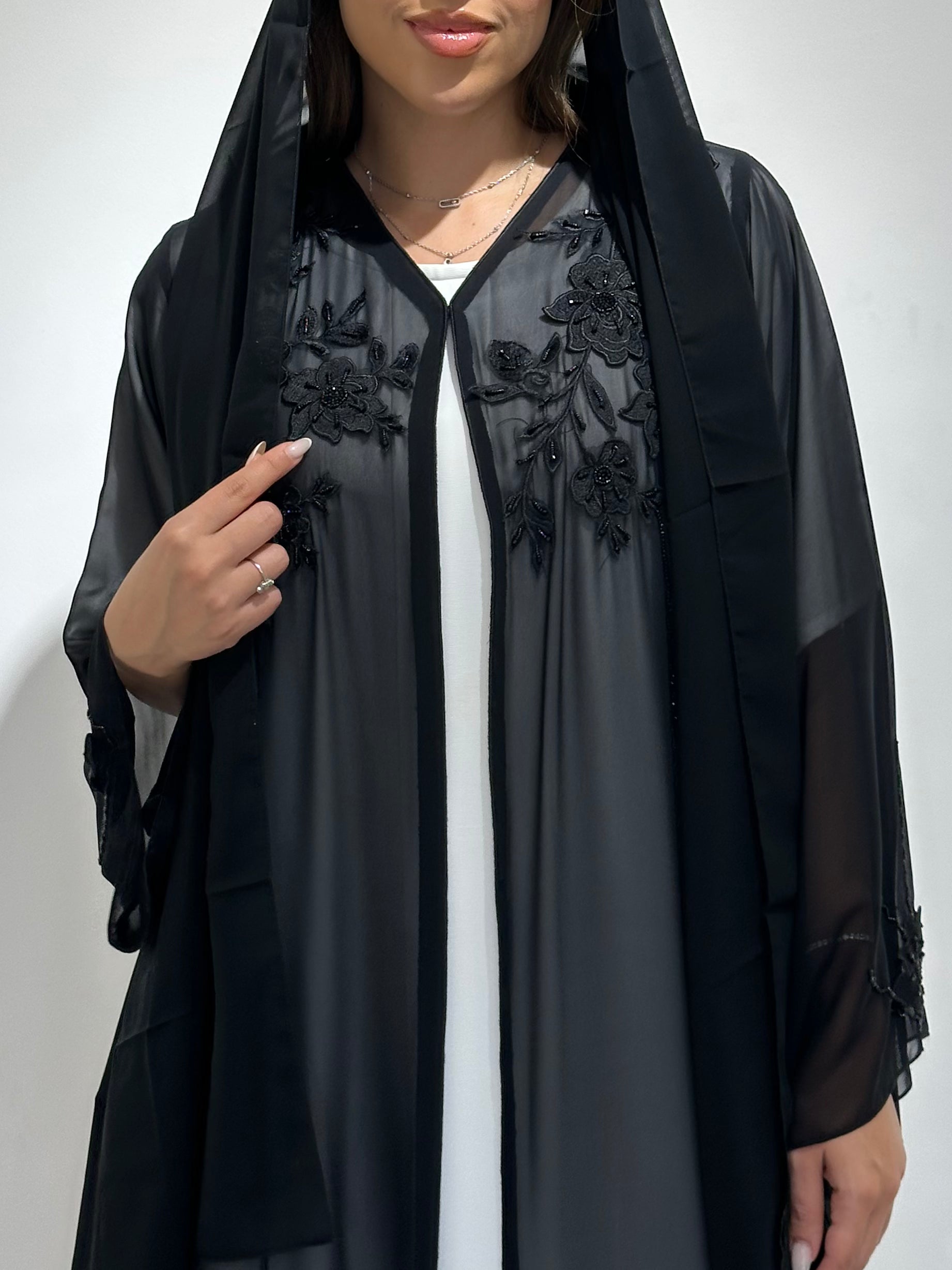 C 1574 Black Chiffon Beaded Abaya