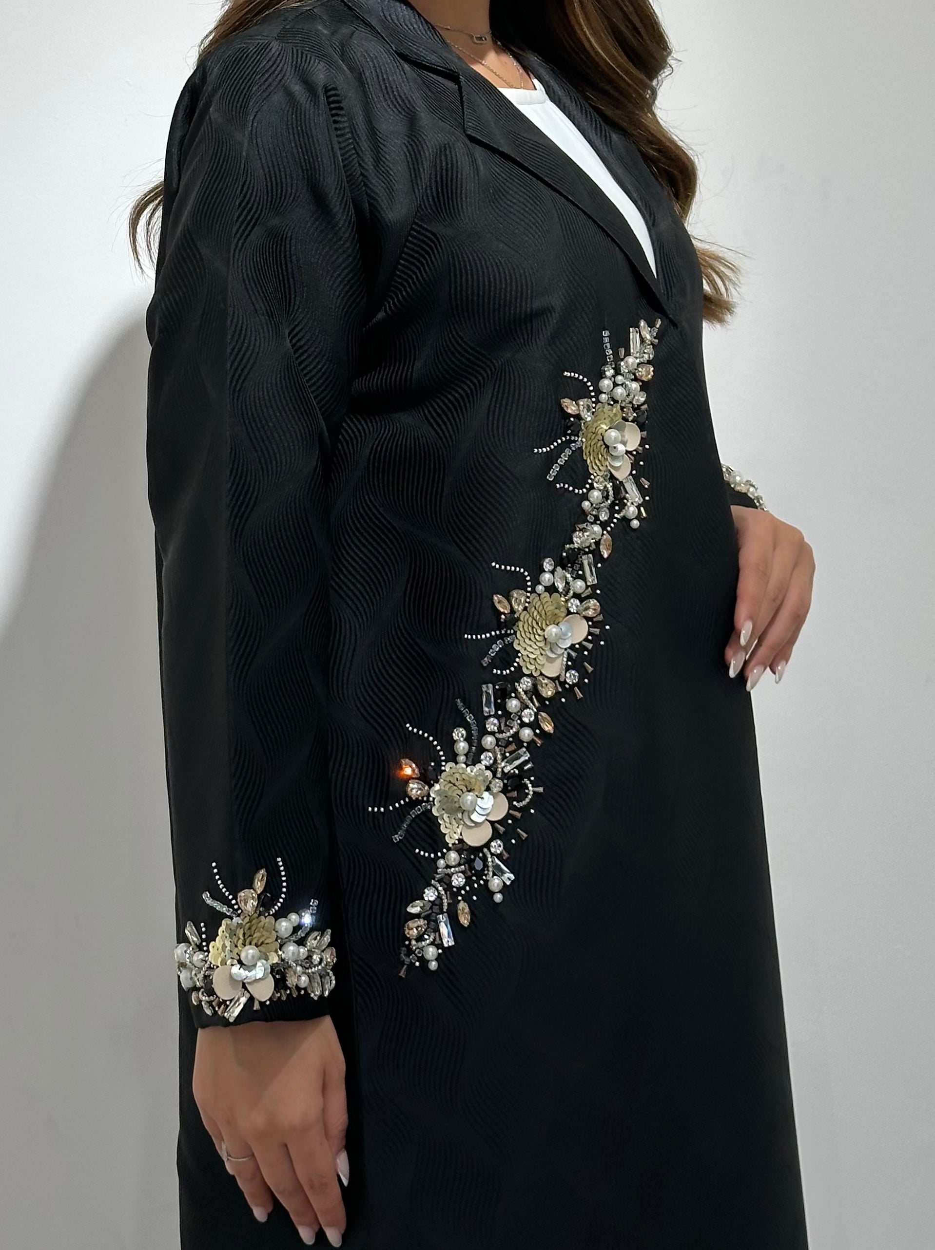 C 1584 Black Floral Beaded Abaya