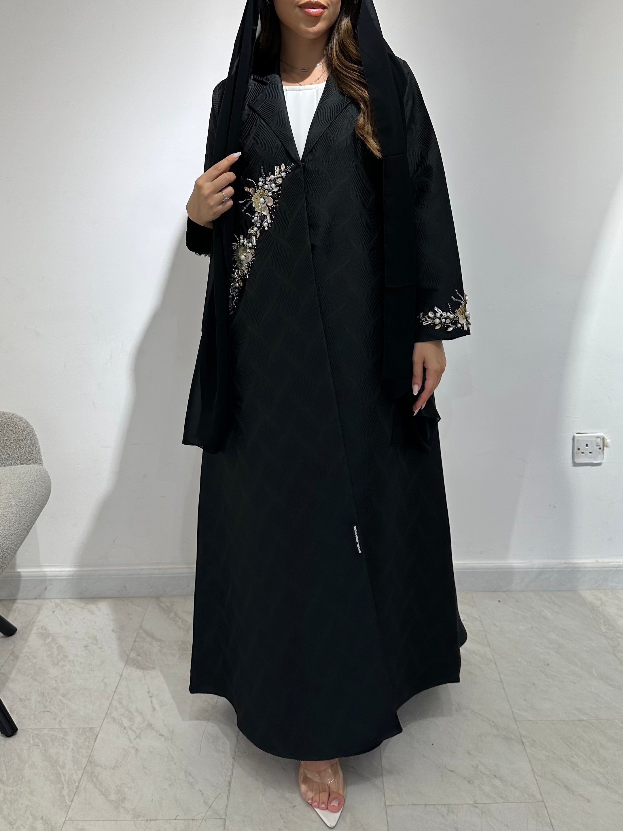 C 1584 Black Floral Beaded Abaya
