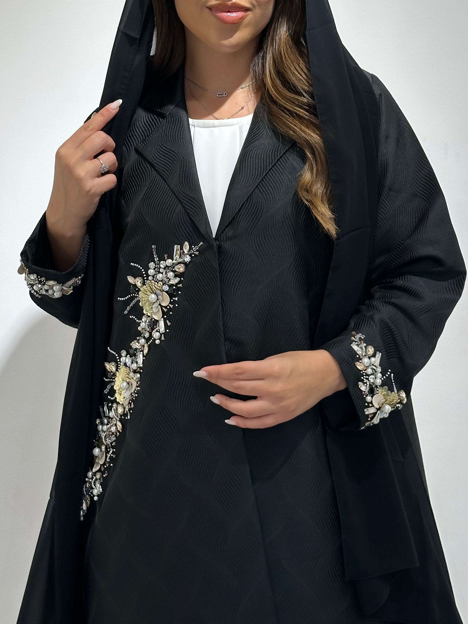 C 1584 Black Floral Beaded Abaya