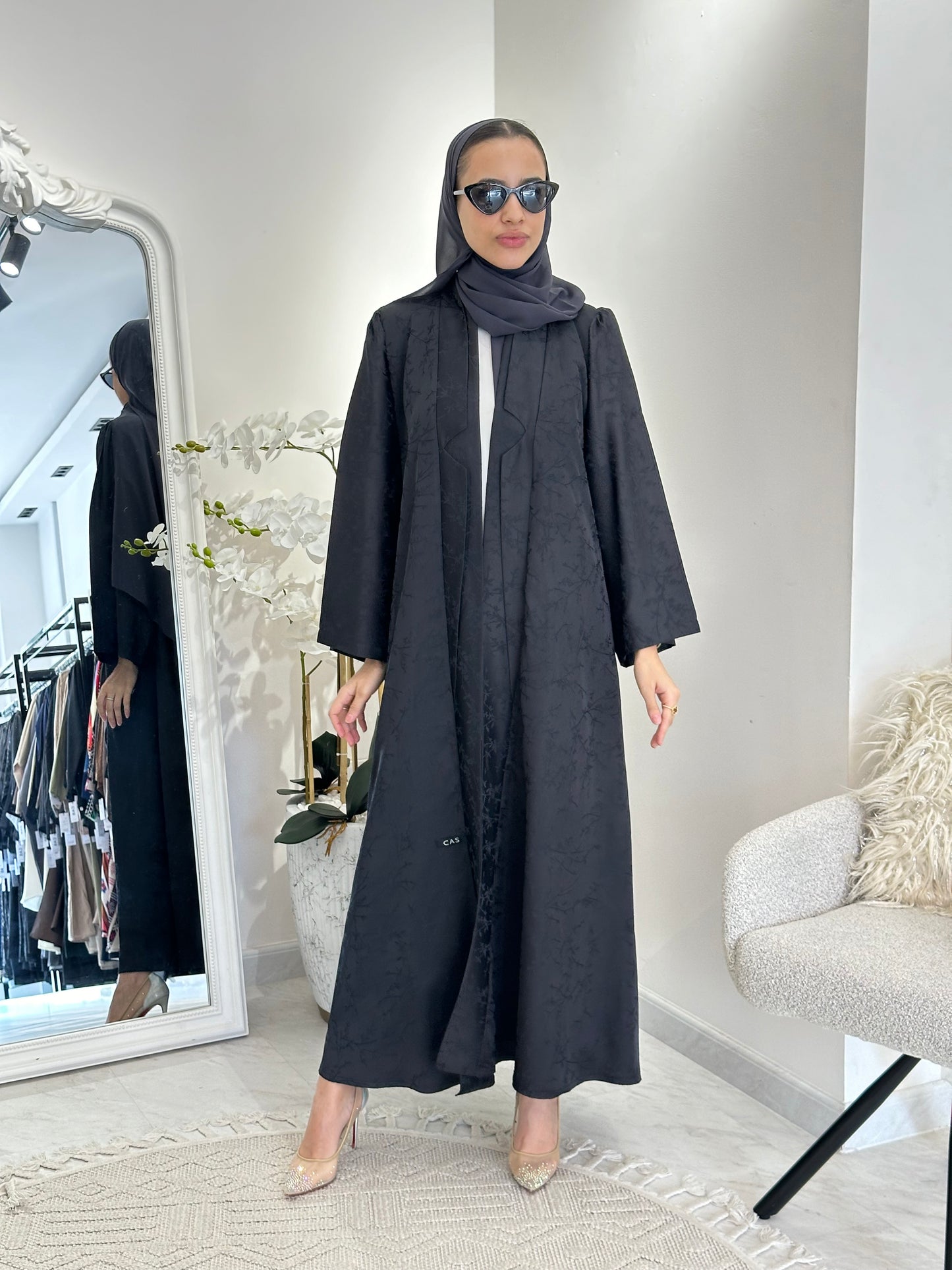 C 0371-03 Dark Grey Floral Printed Abaya