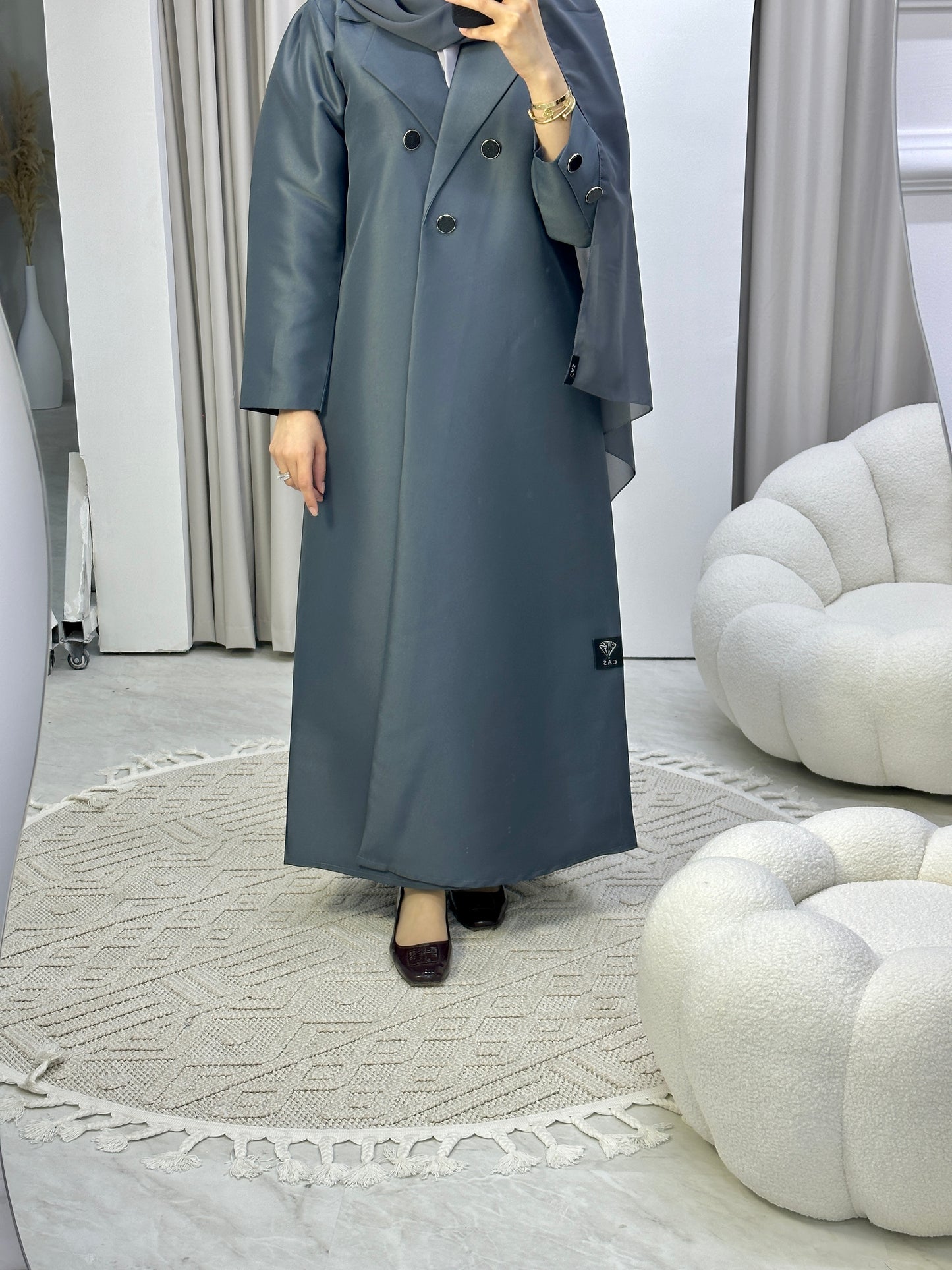 C Grey Satin Coat Abaya Set