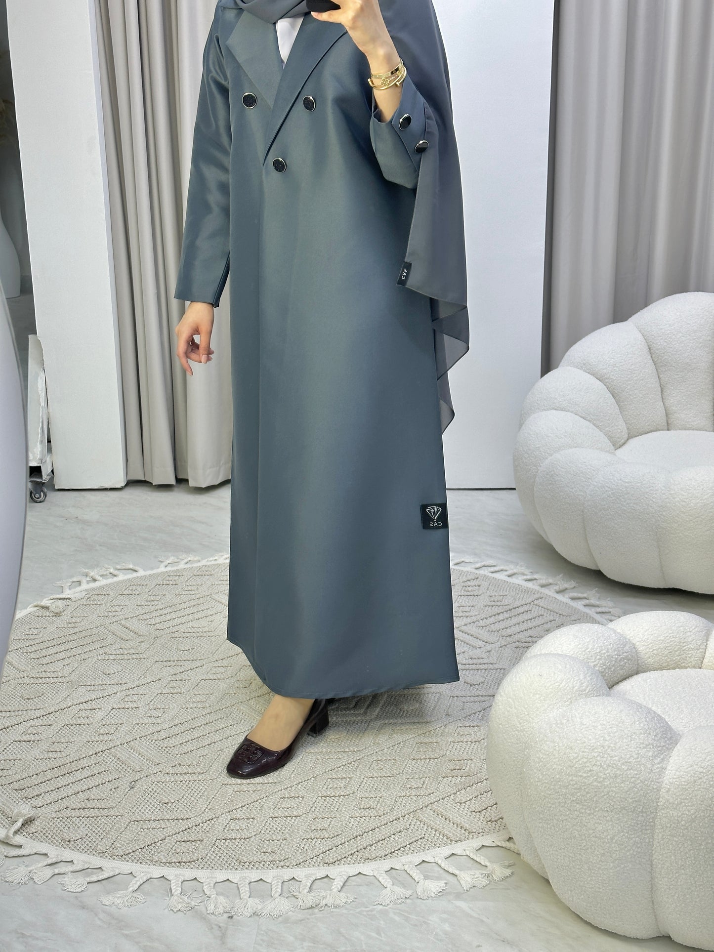 C Grey Satin Coat Abaya Set