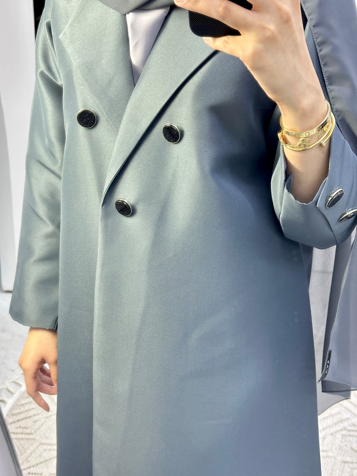 C Grey Satin Coat Abaya Set