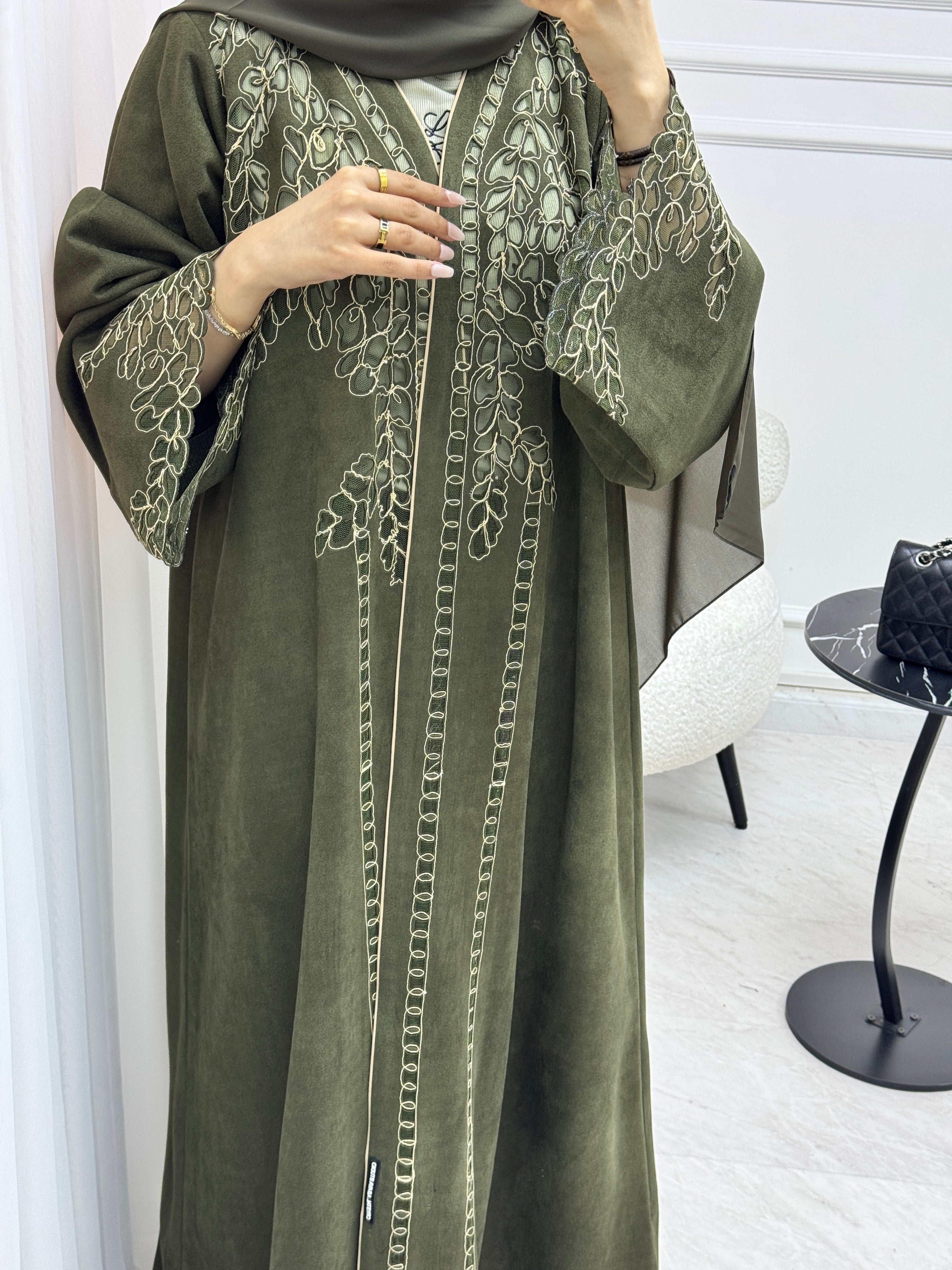 C 1541 Olive Lasercut Abaya