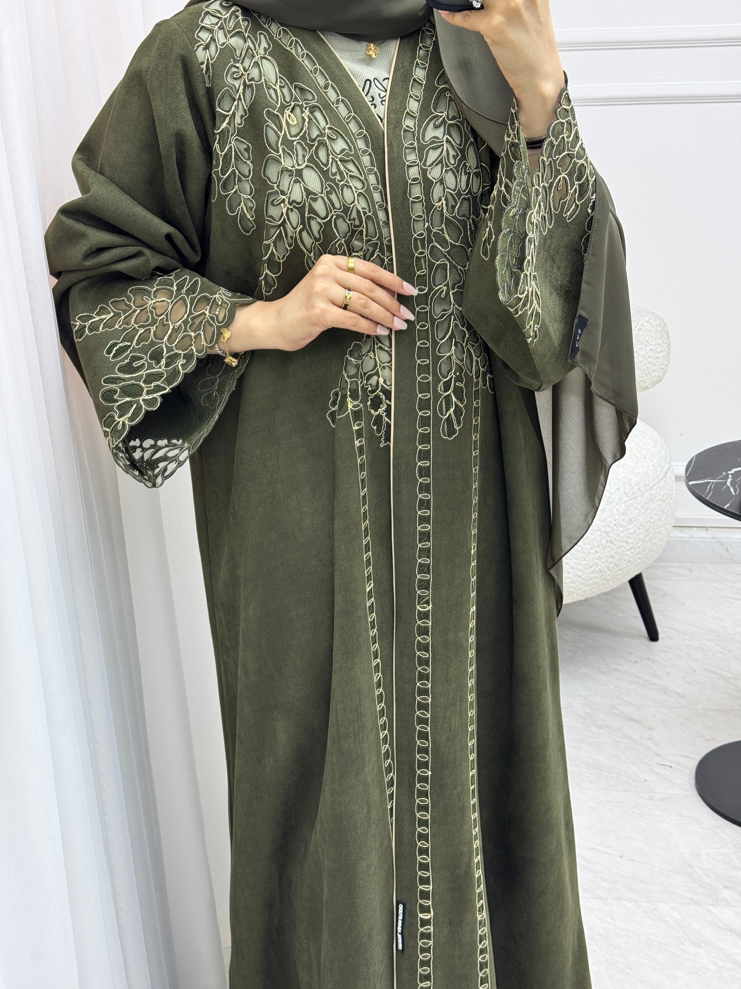 C 1541 Olive Lasercut Abaya
