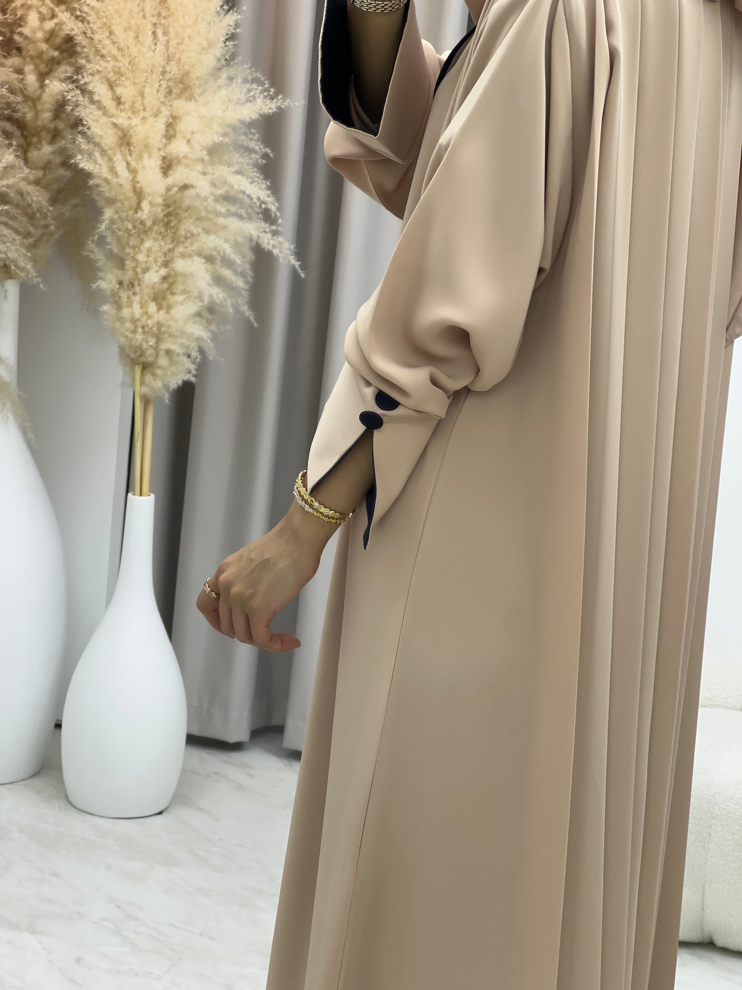 C 0198 Beige Pleated Work Abaya