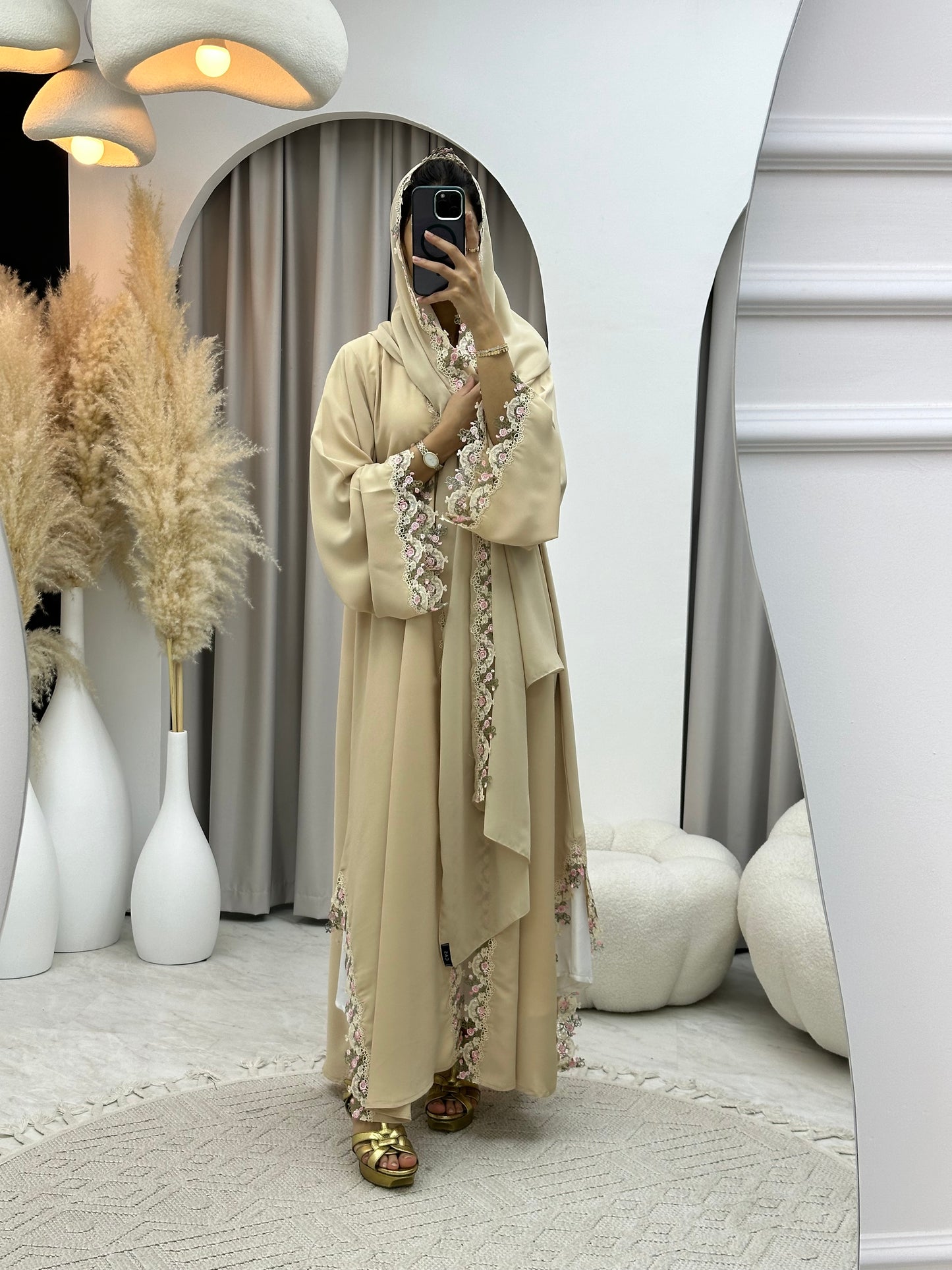 C 0197 Floral Lace Beige Abaya