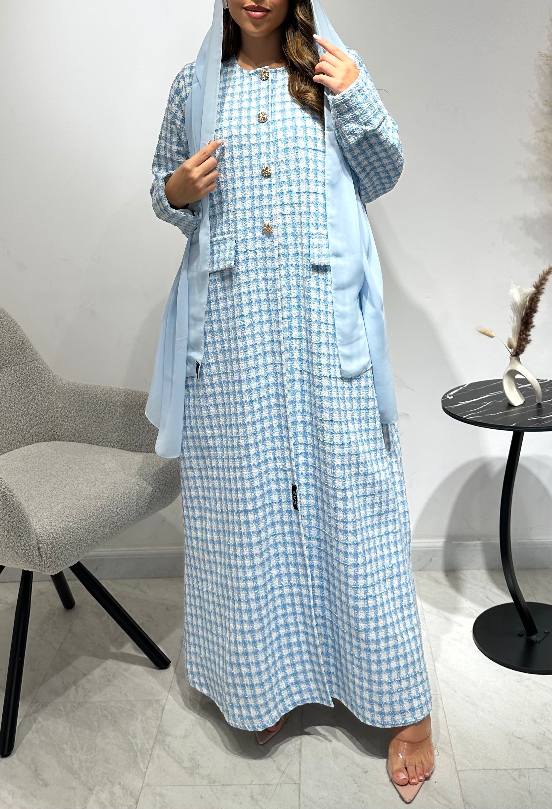 C 1588 Baby Blue Tweed Abaya