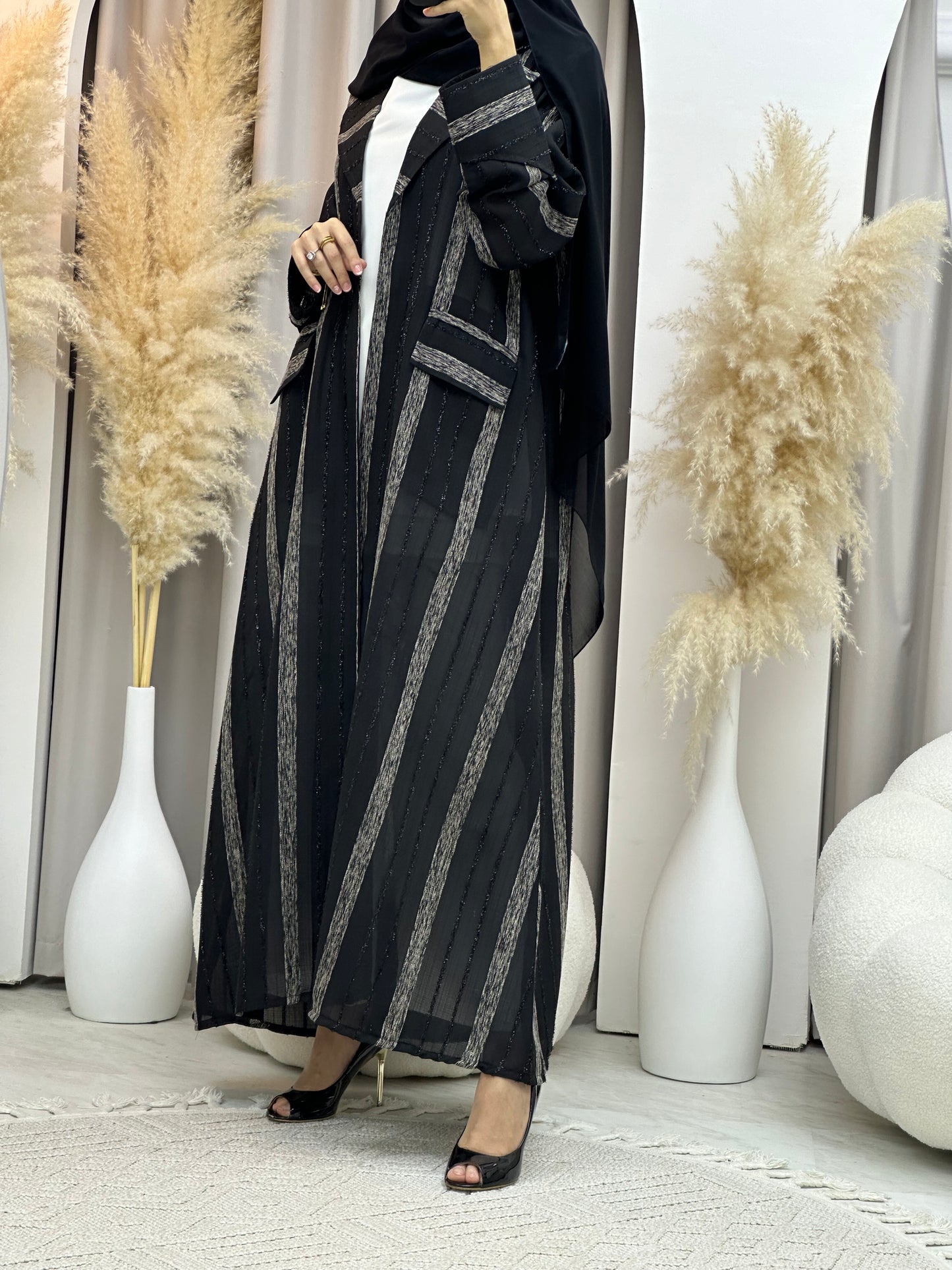 C 0002-01 Black Striped Coat Eid Abaya