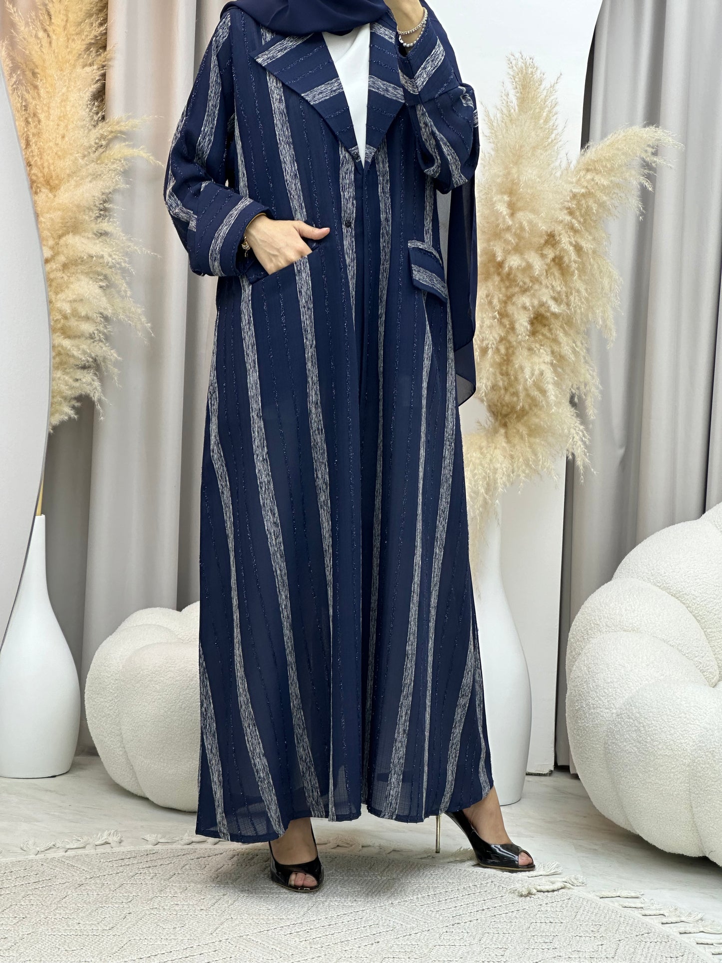 C 0002-02 Blue Striped Coat Eid Abaya