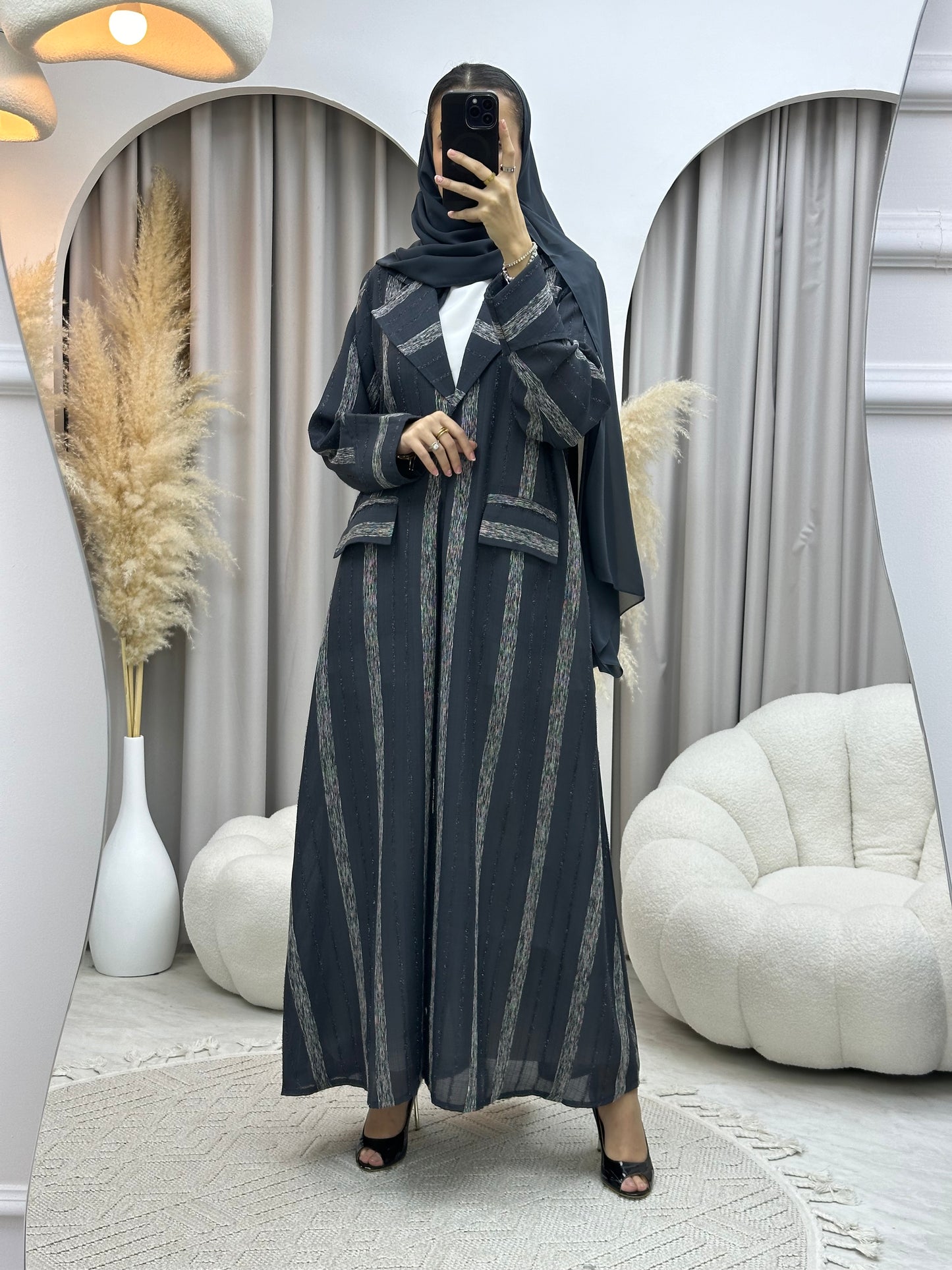 C RTW 0002-03 Grey Striped Coat Eid Abaya