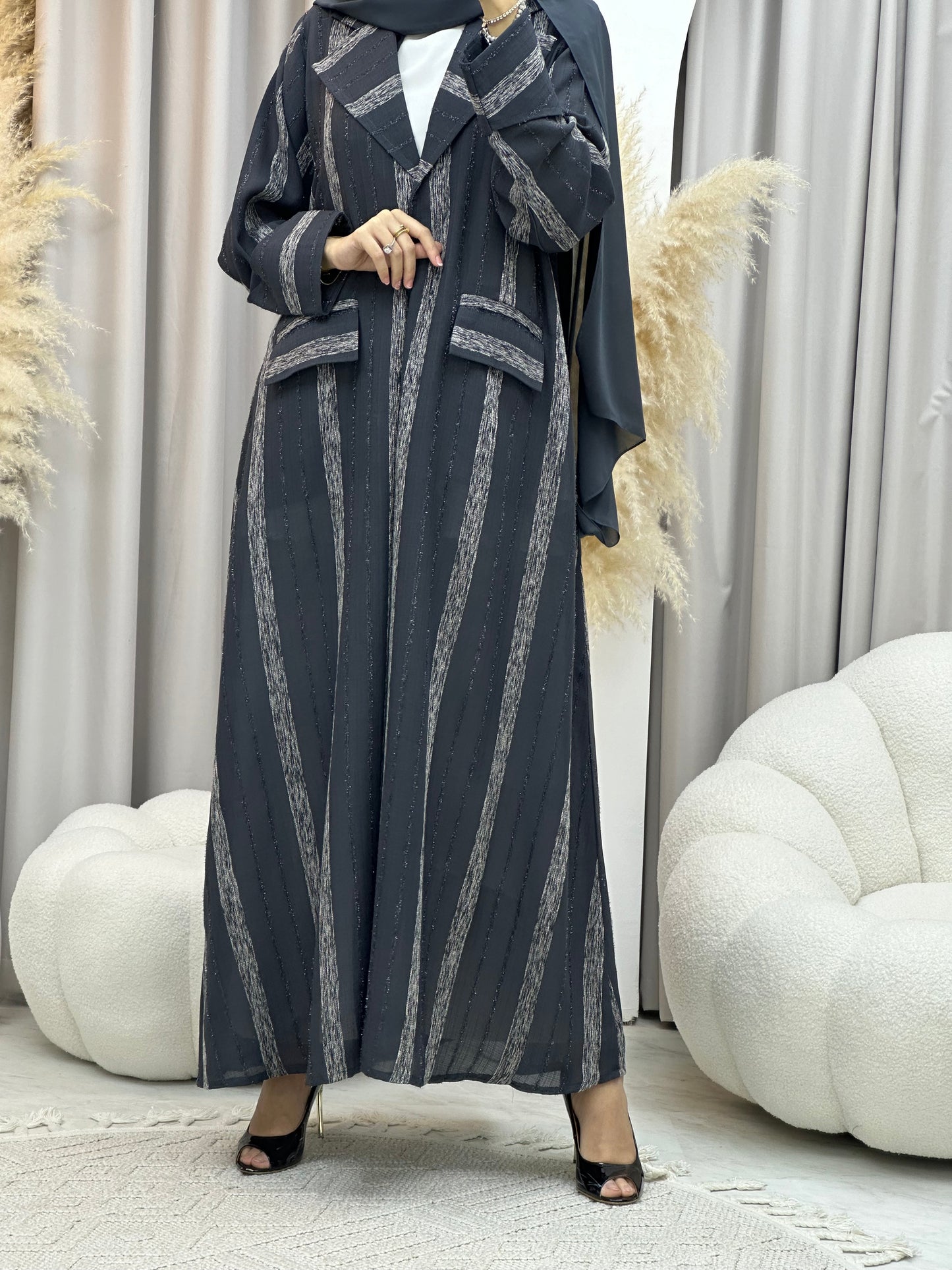 C 0002-03 Grey Striped Coat Eid Abaya