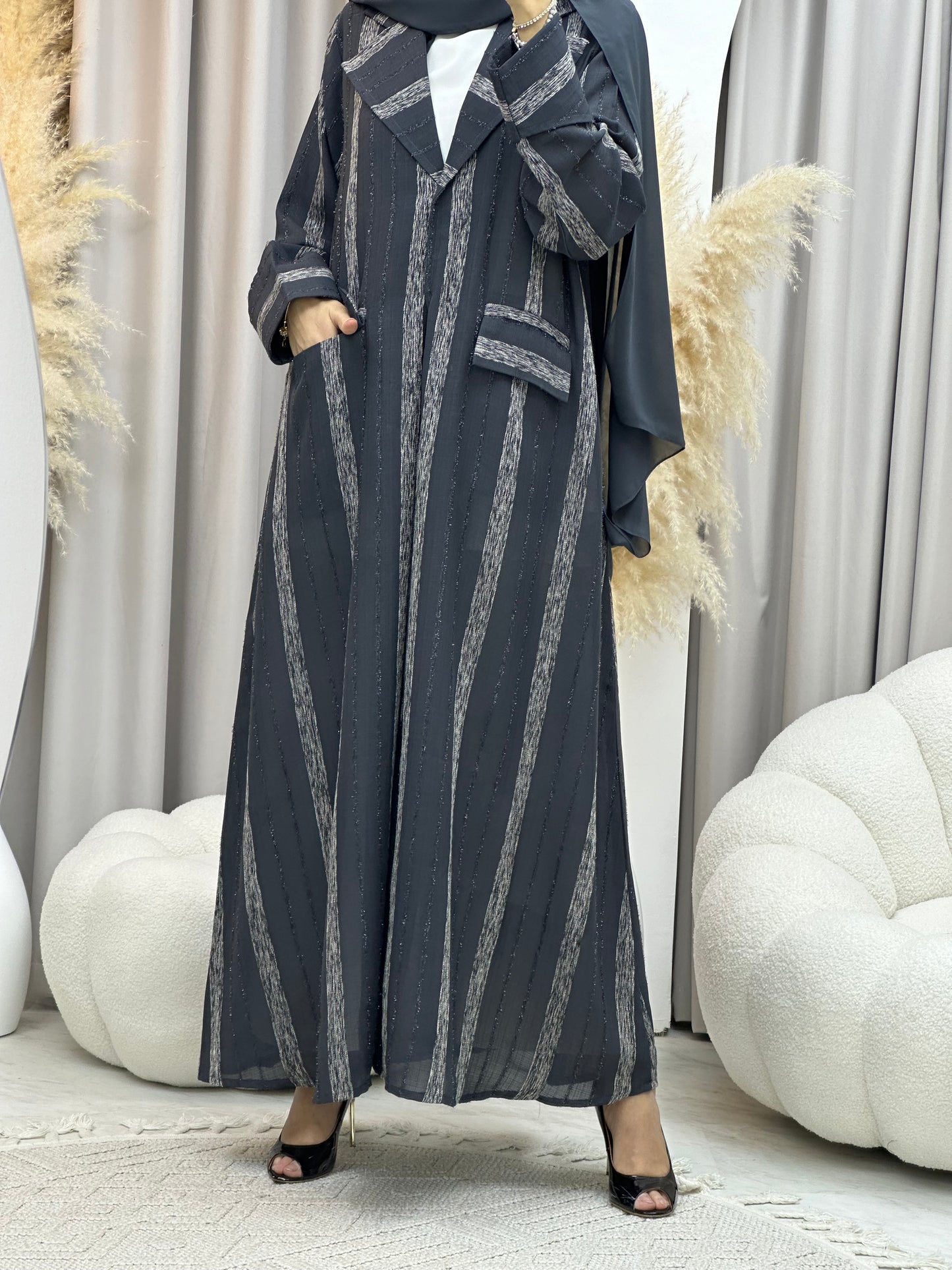 C 0002-03 Grey Striped Coat Eid Abaya