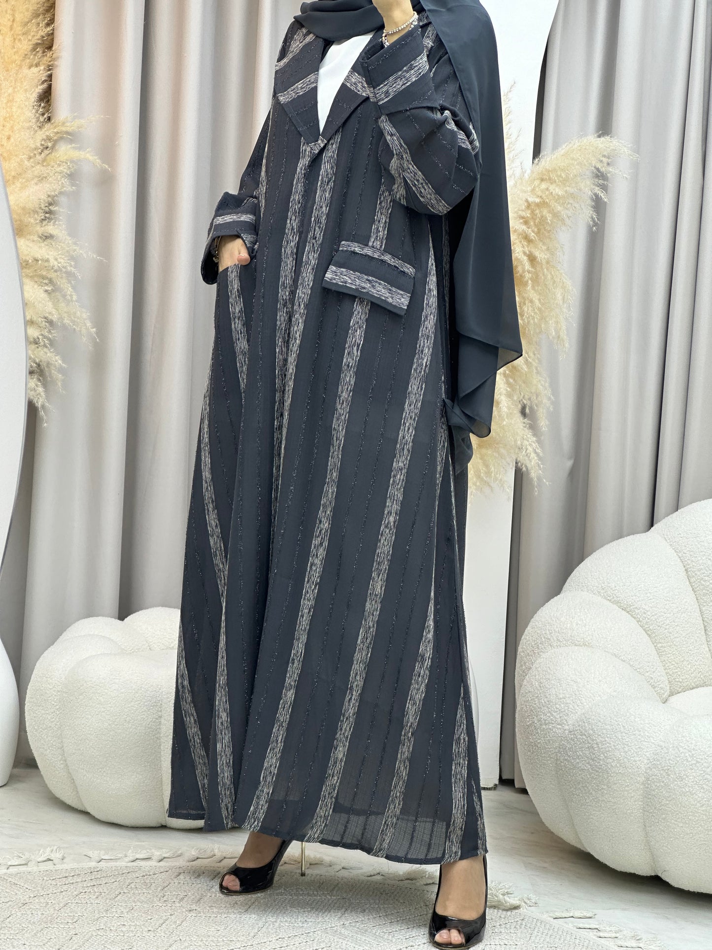 C RTW 0002-03 Grey Striped Coat Eid Abaya