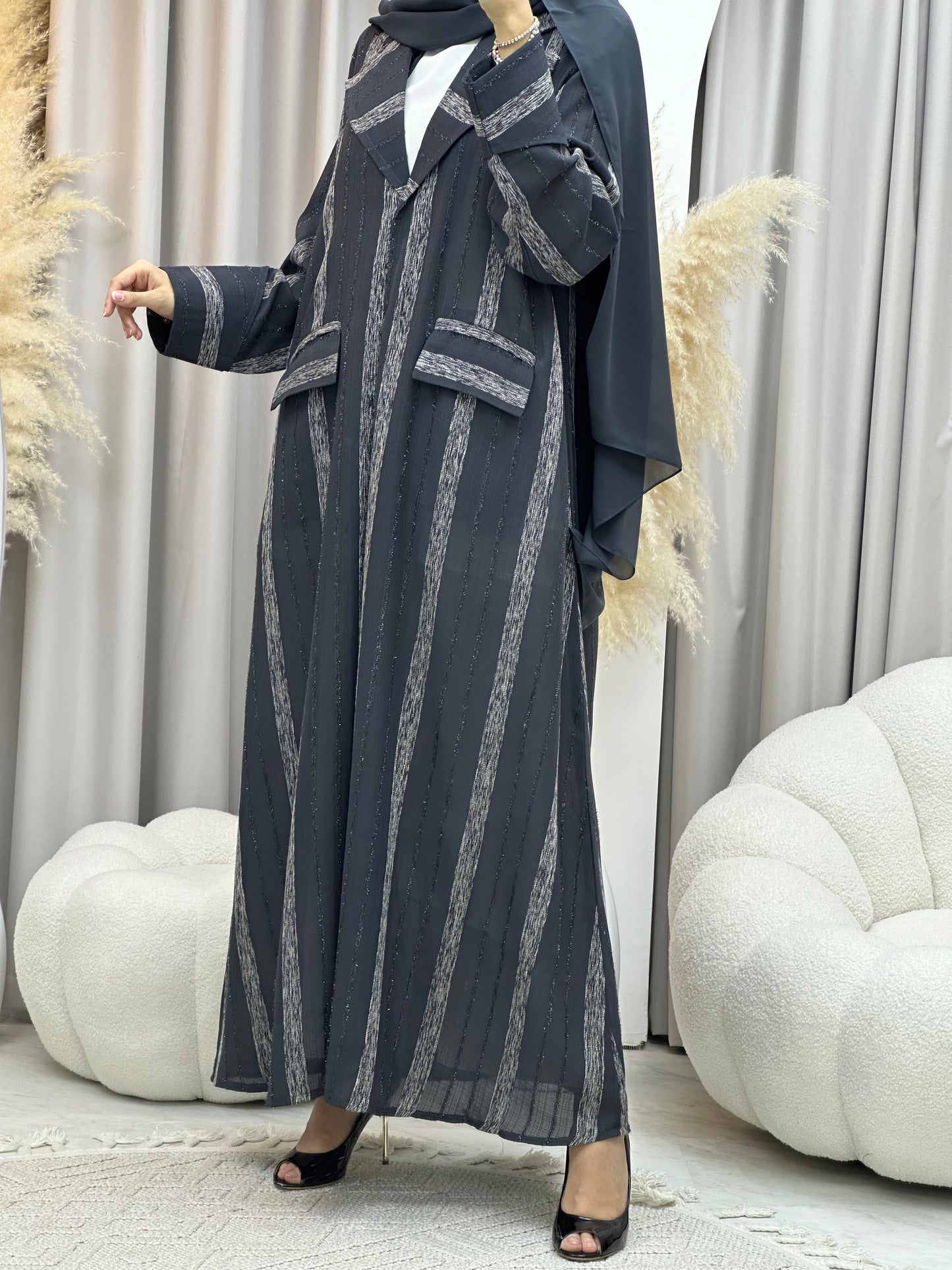 C RTW 0002-03 Grey Striped Coat Eid Abaya