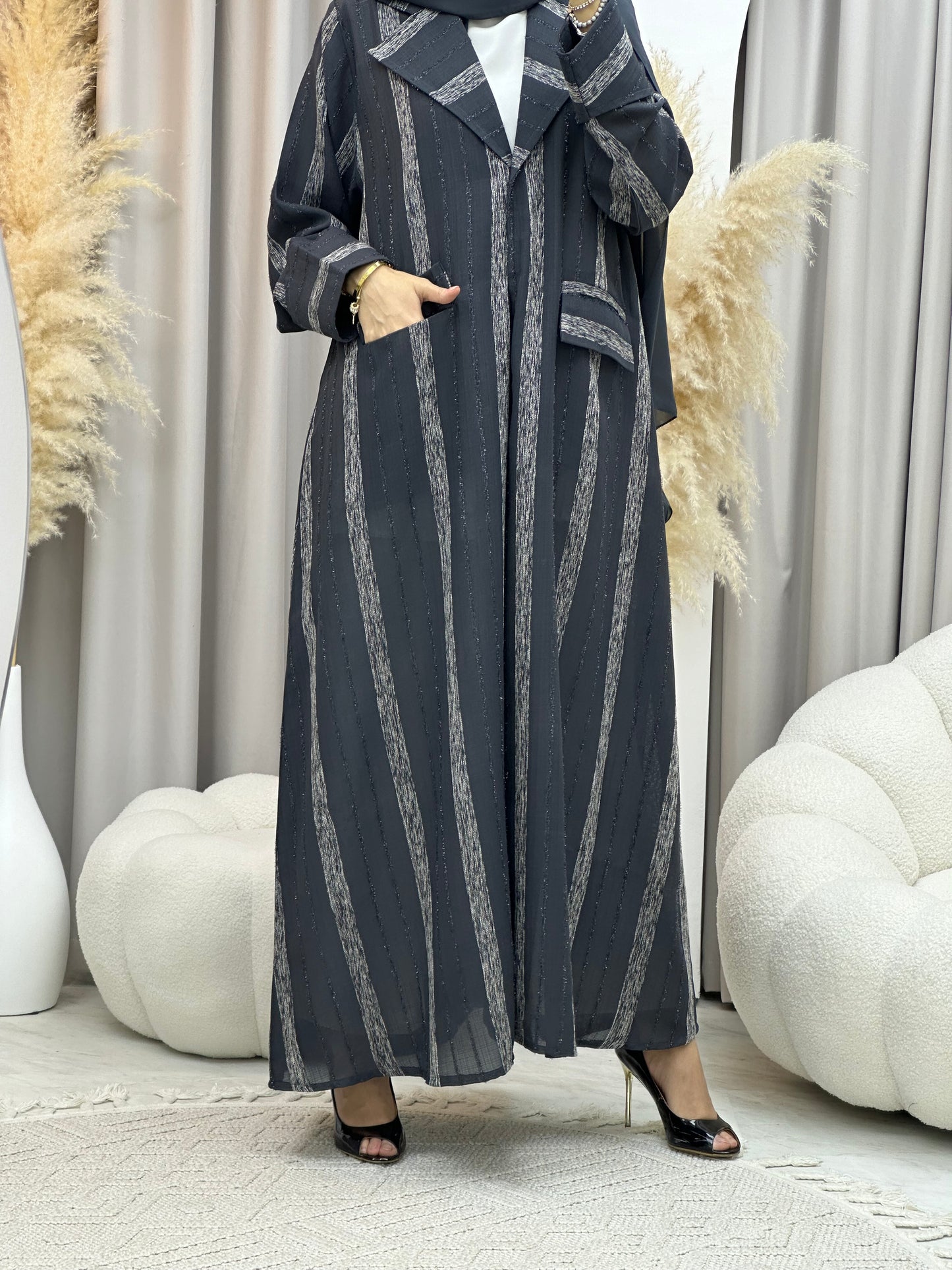 C RTW 0002-03 Grey Striped Coat Eid Abaya