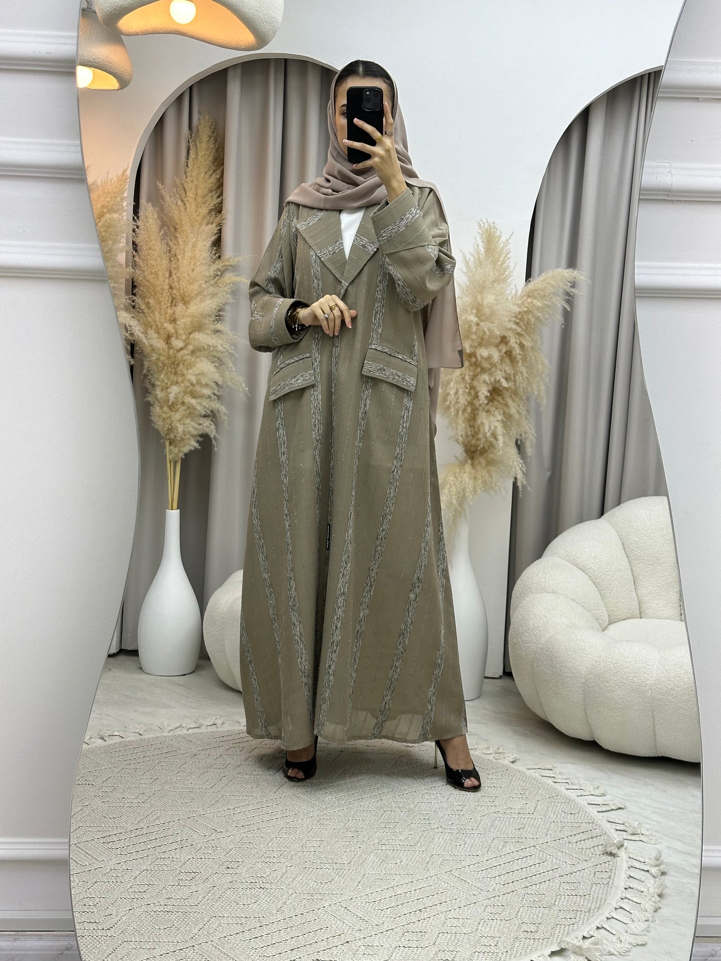 C 0002-05 Beige Striped Coat Eid Abaya