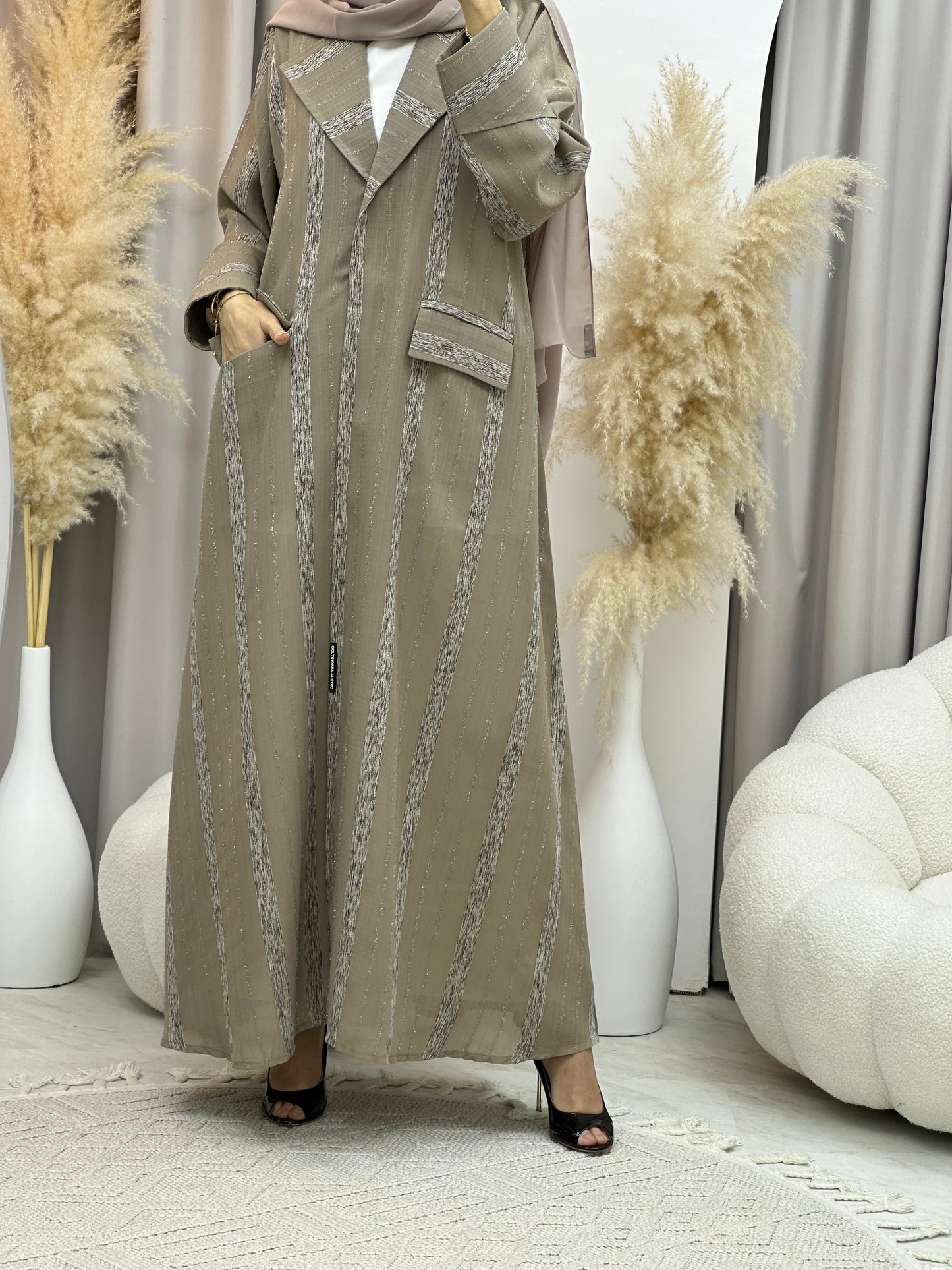 C RTW 0002-05 Beige Striped Coat Eid Abaya