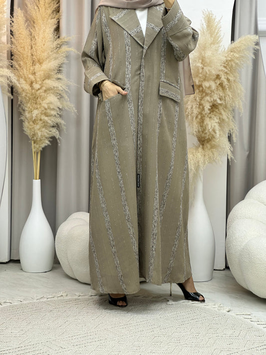 C 0002-05 Beige Striped Coat Eid Abaya