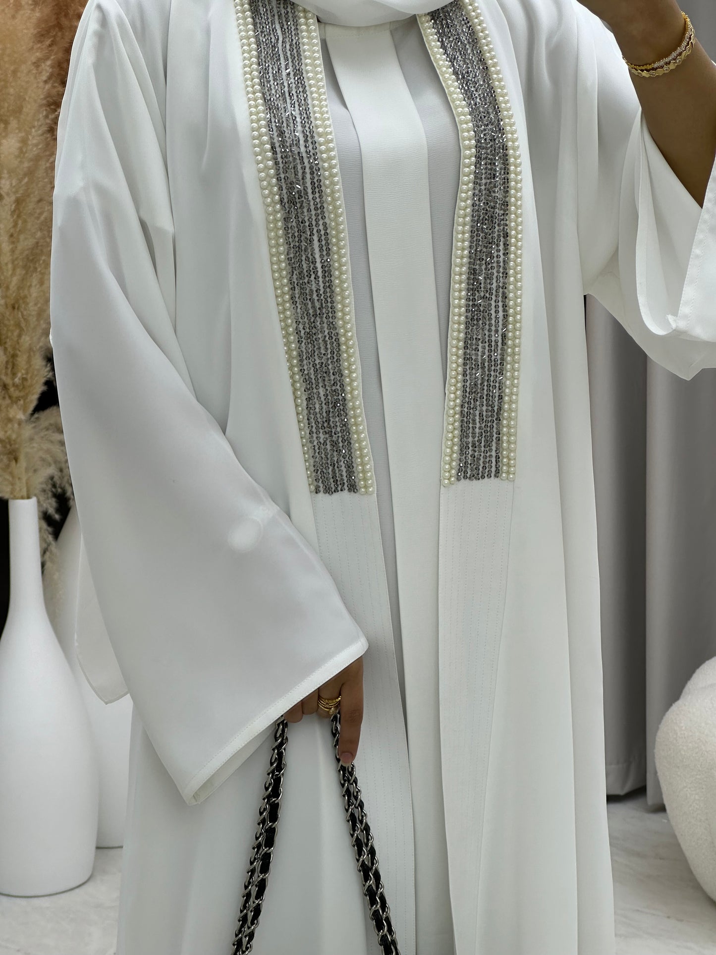 C 0204-02 White Beaded Abaya