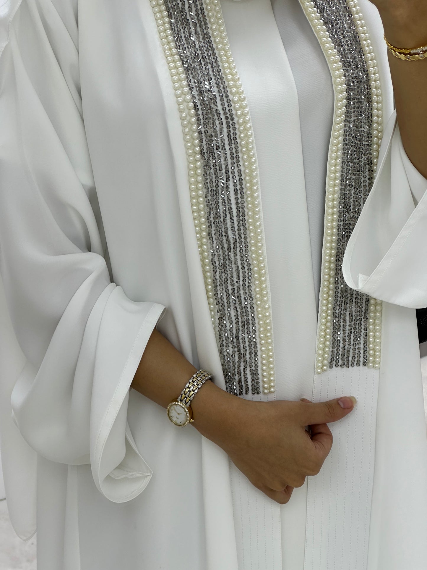 C 0204-02 White Beaded Abaya