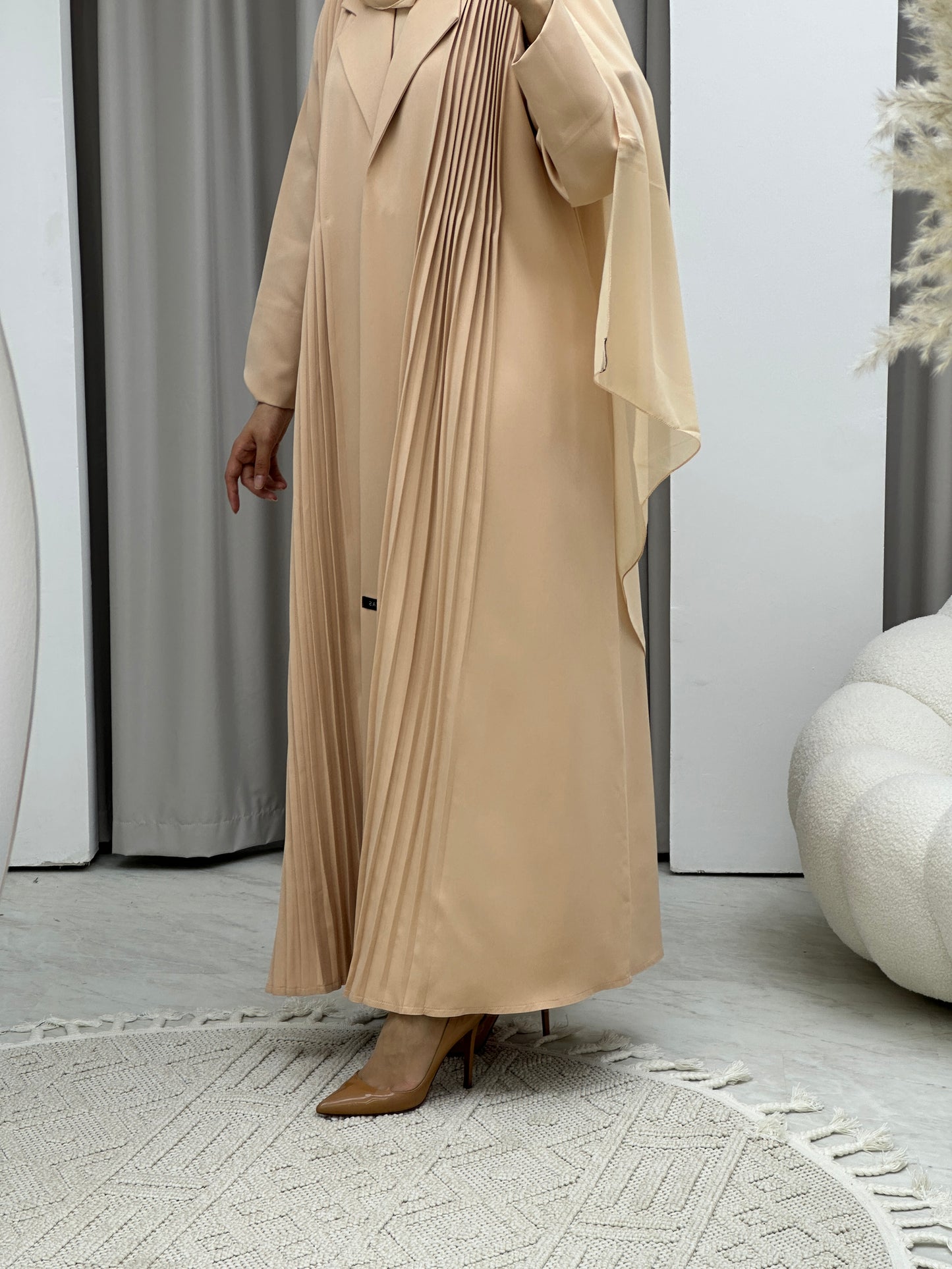 C Pleated Beige Abaya Coat Set