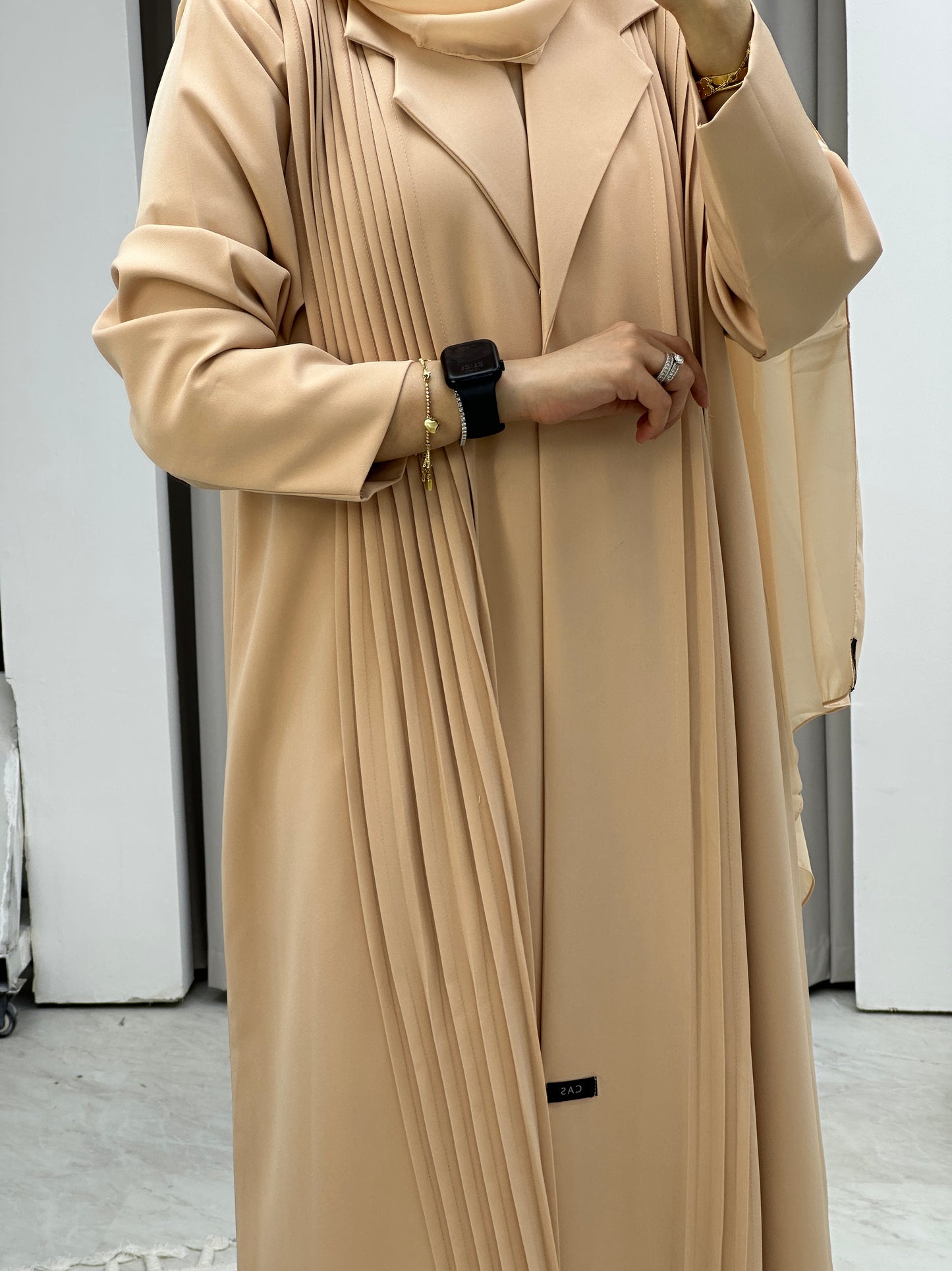 C Pleated Beige Abaya Coat Set