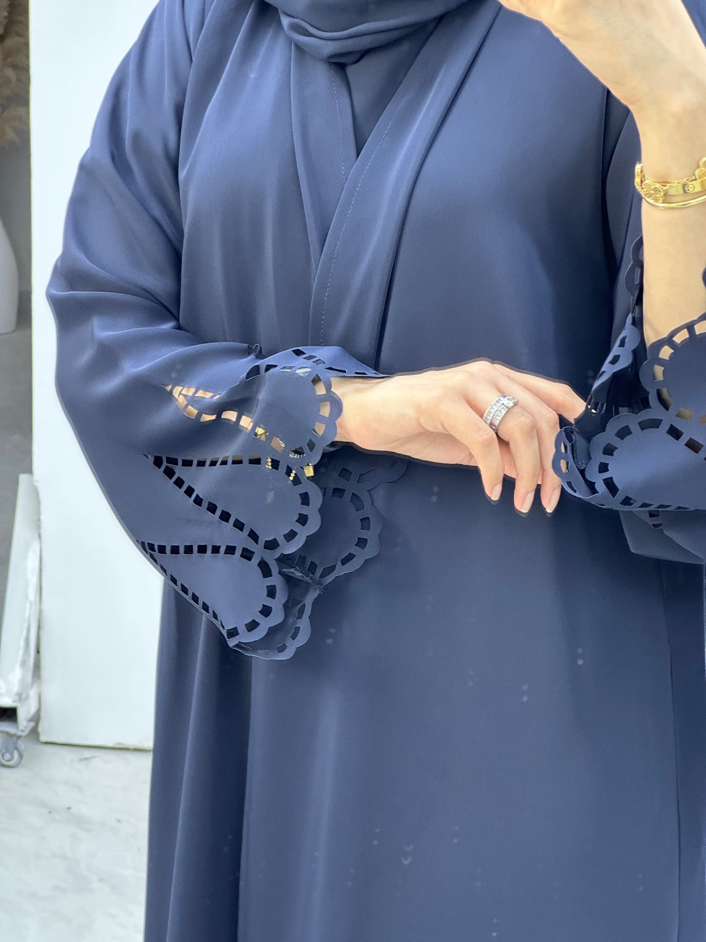 C Laser Cut Navy Blue Abaya Set