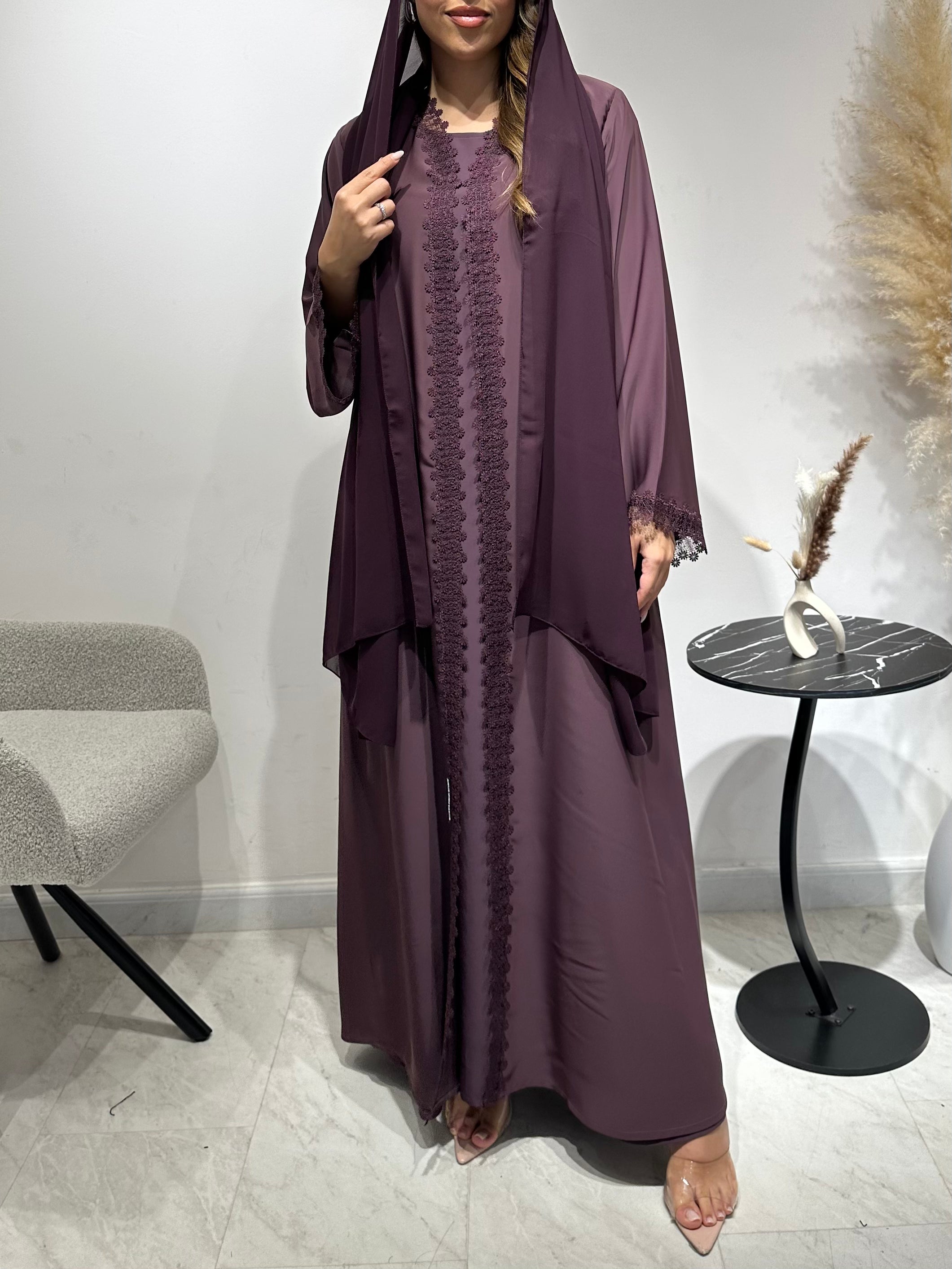 C 1593 Plum Purple Lace Abaya